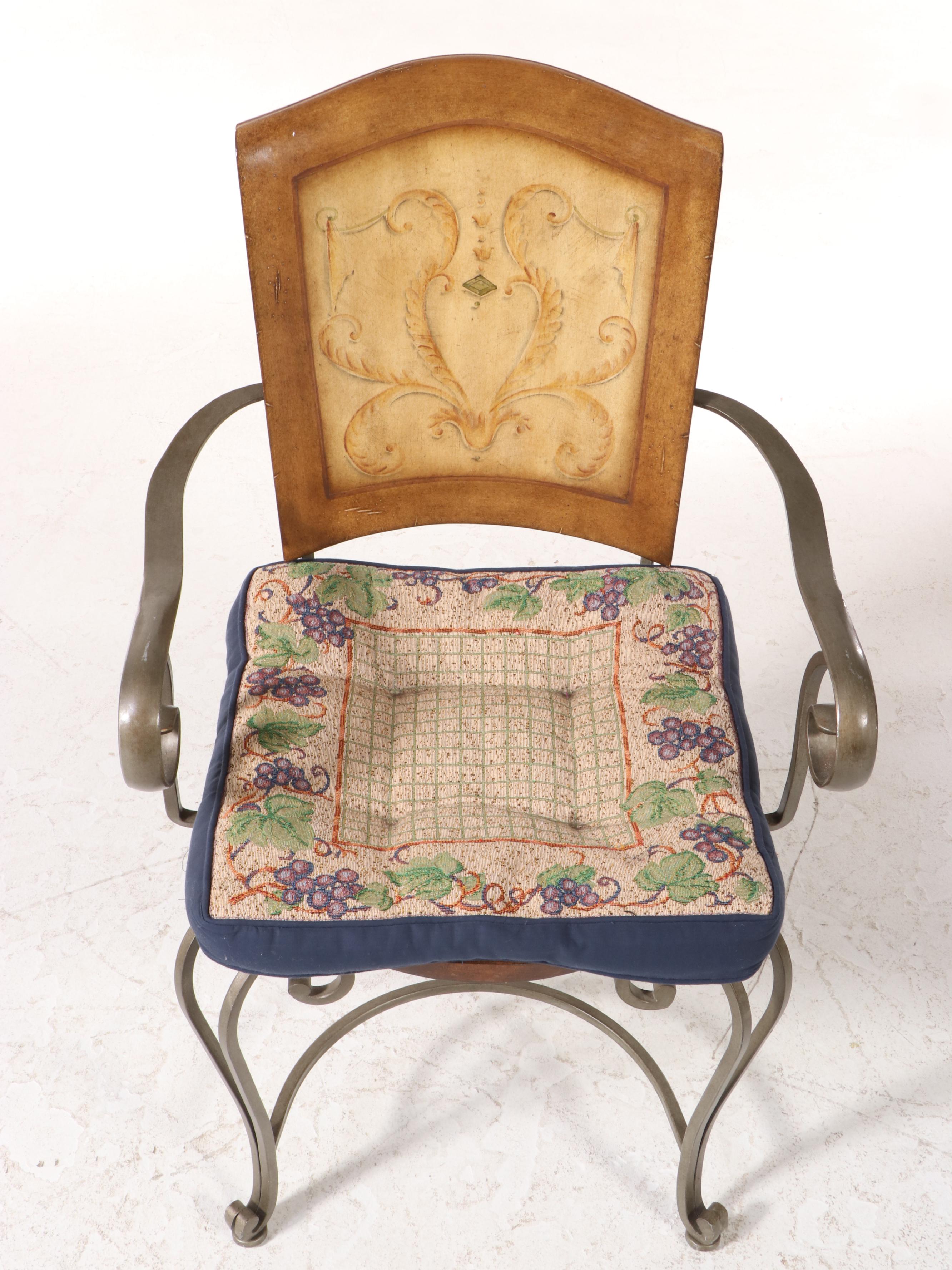 Four French Provincial Style Paint-Decorated Wood and Iron Dining Chairs