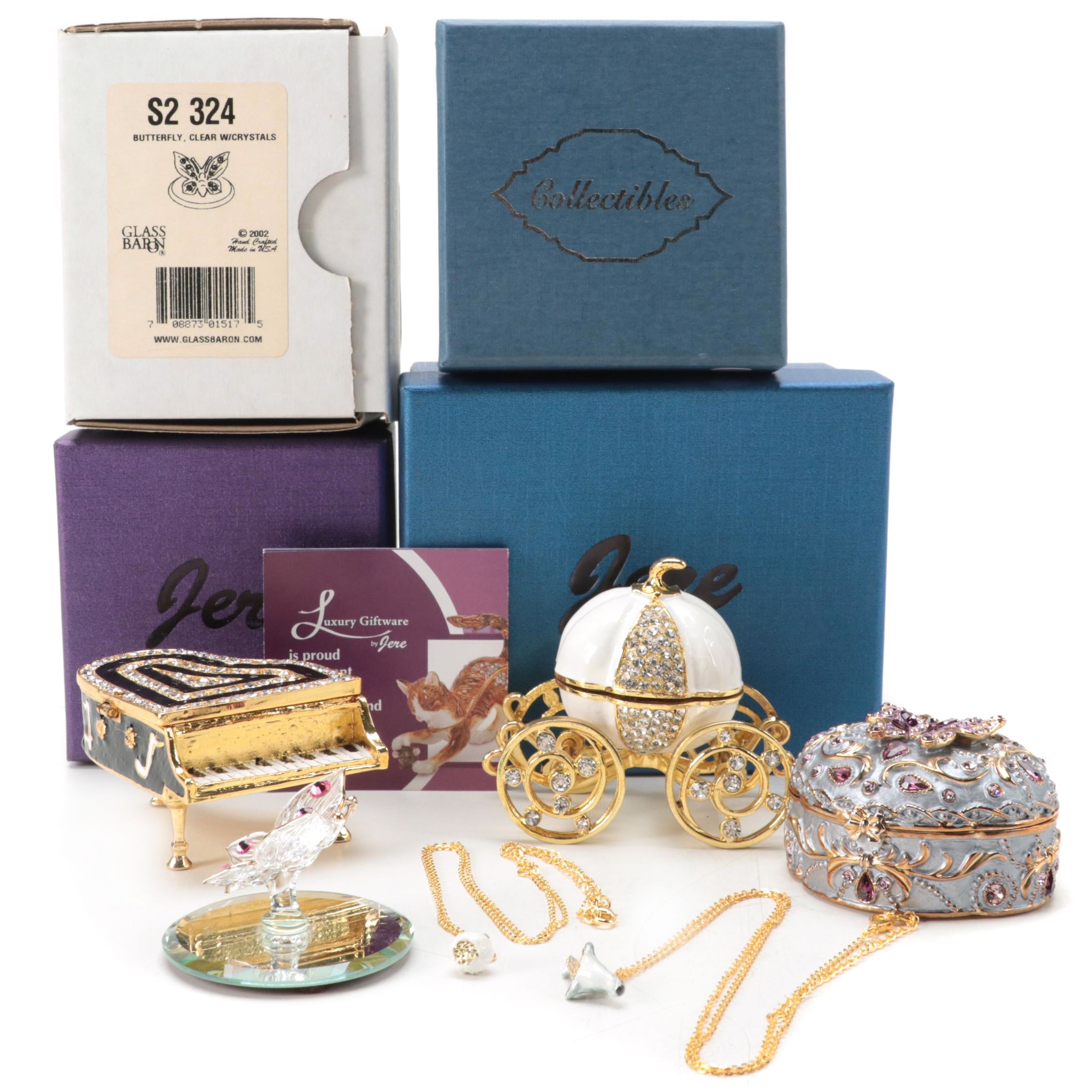 Jere and Other Trinket Boxes With Glass Barn Crystal Butterfly Figurine