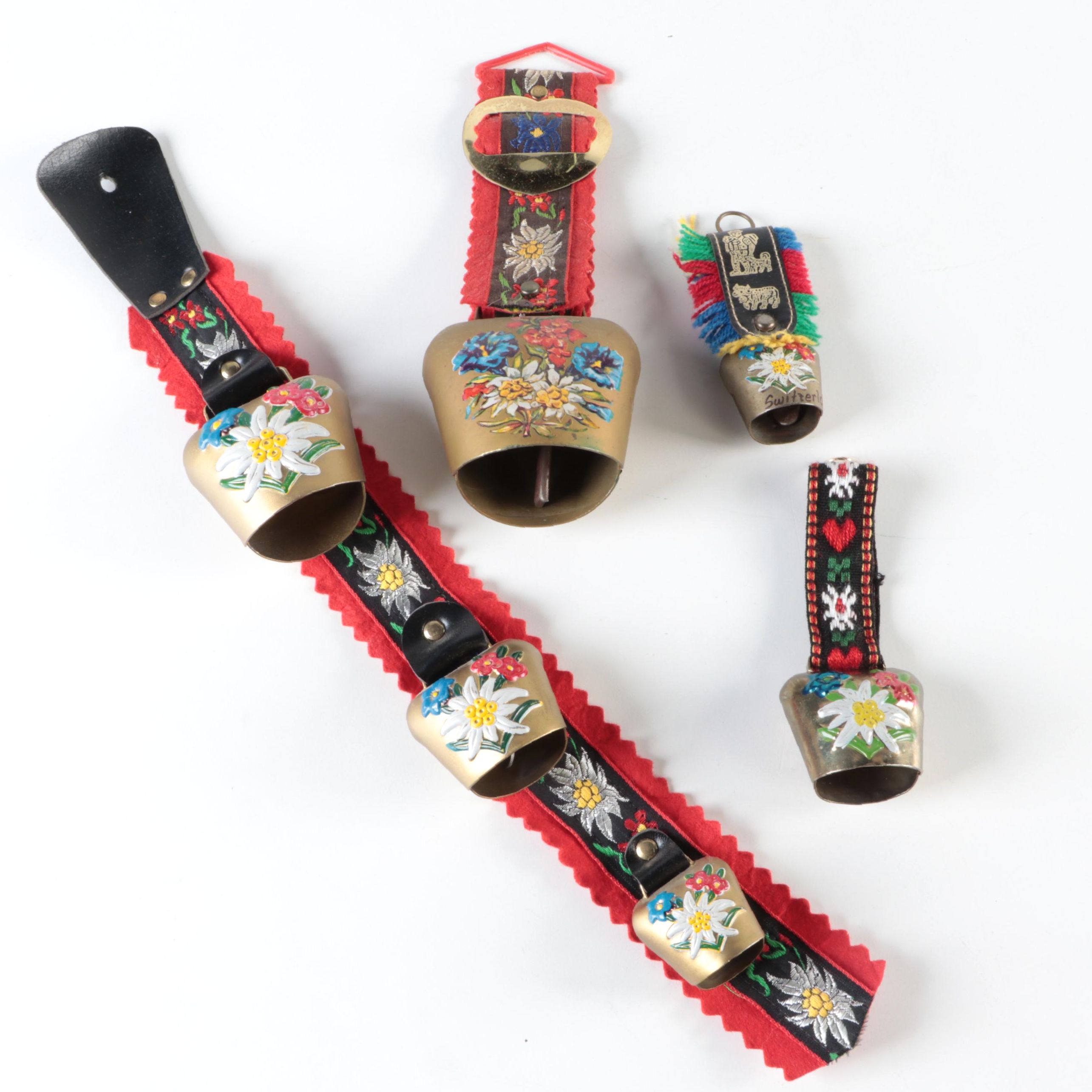 Hand Painted Swiss Souvenir Cowbells on Embroidered Staps