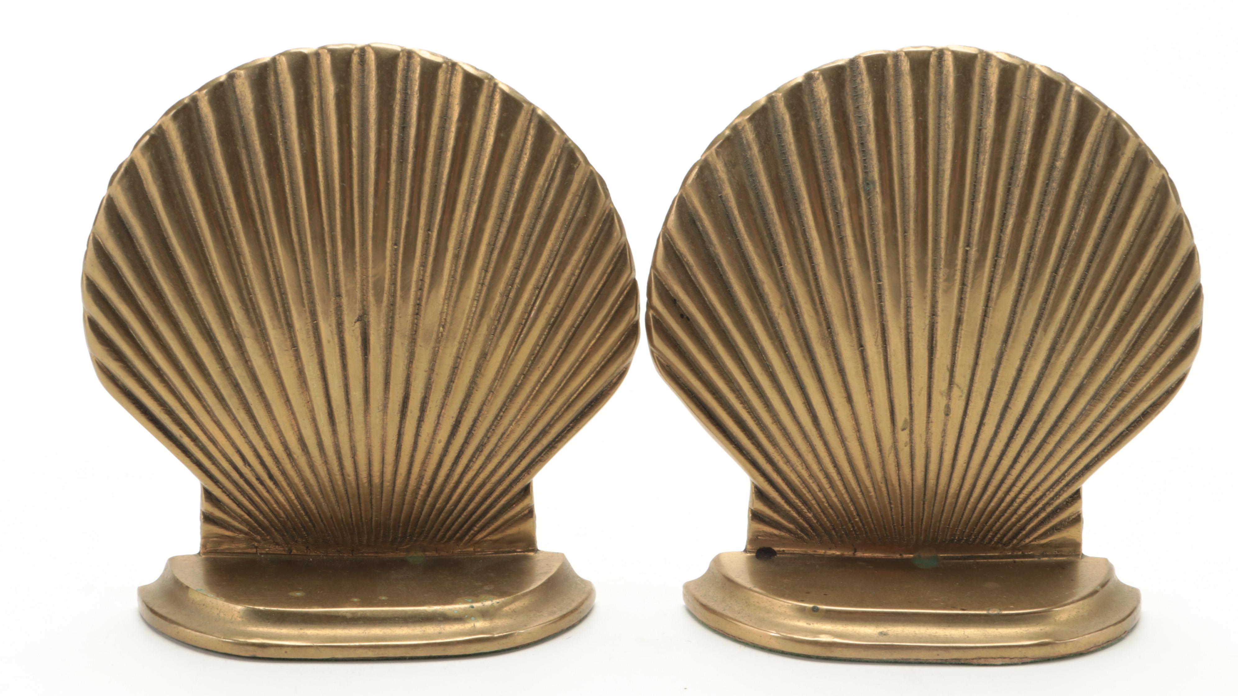 Pair of Leonard Cast Brass Clamshell Bookends, Mid to Late 20th Century