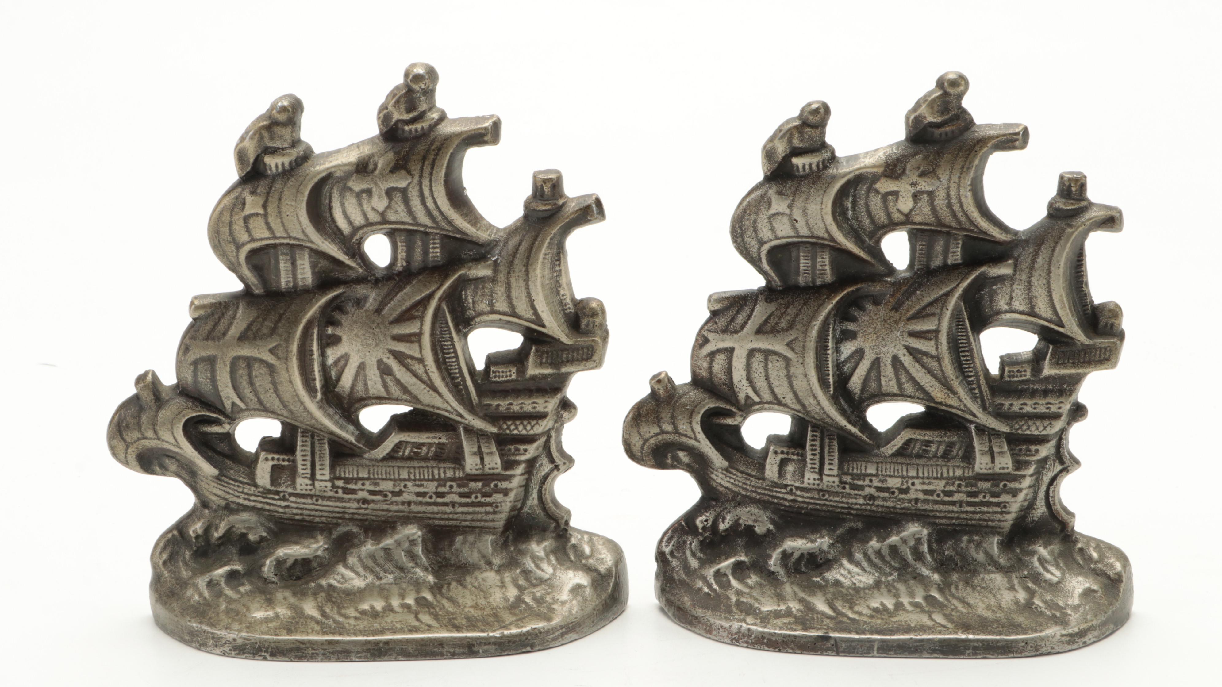 Connecticut Foundry Cast Metal Spanish Galleon Bookends, Early 20th Century