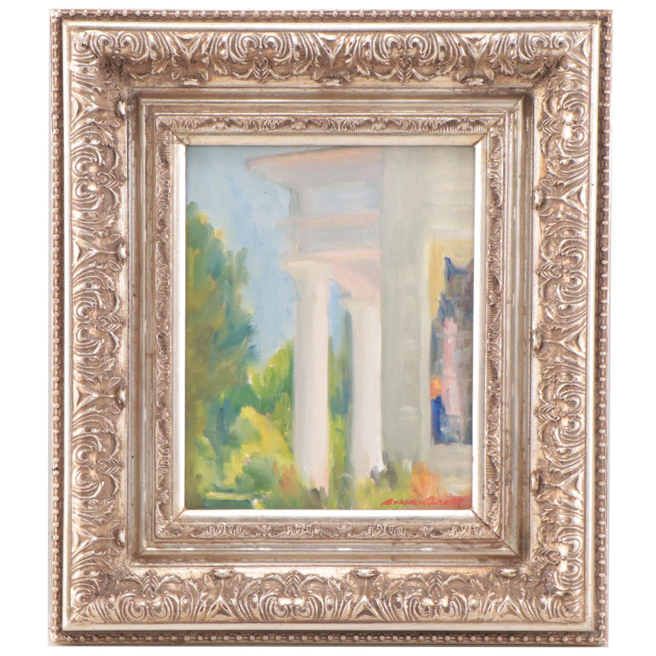 Impressionistic Oil Painting of Architecture in Landscape, 21st Century