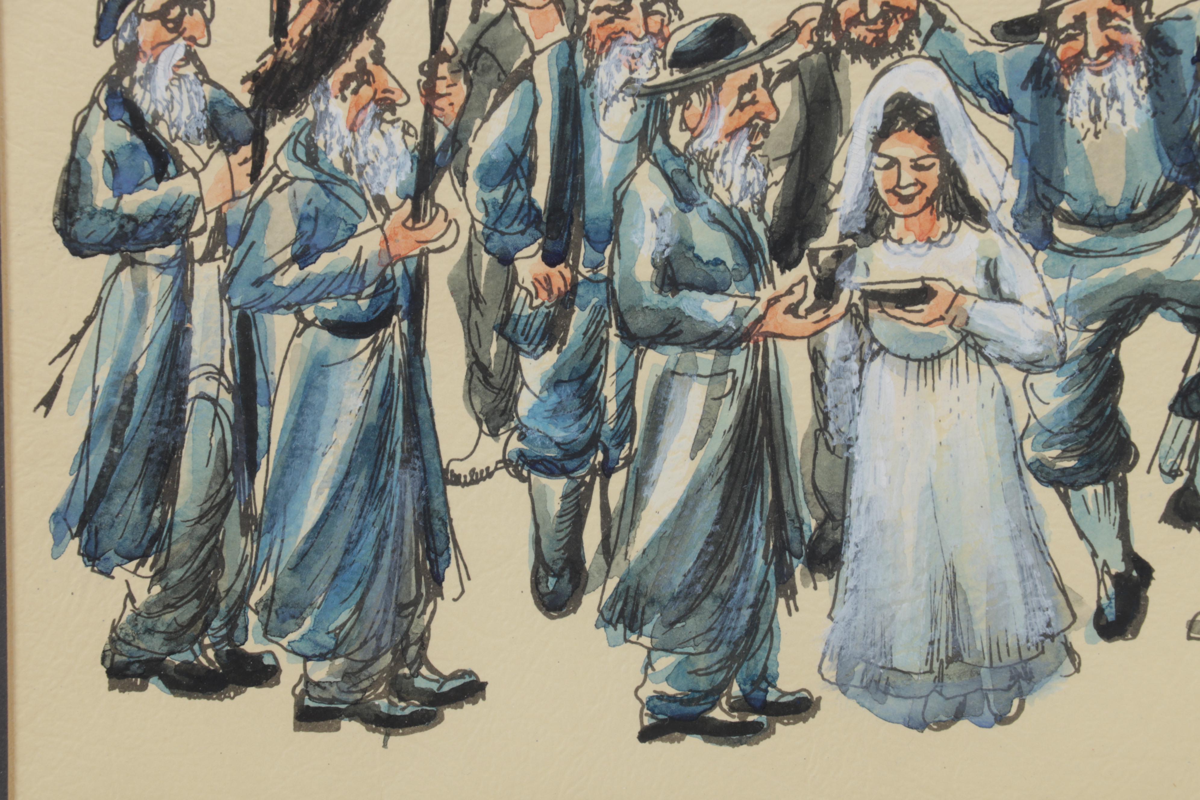 Moyal J. Watercolor Painting of Jewish Wedding, Late 20th Century