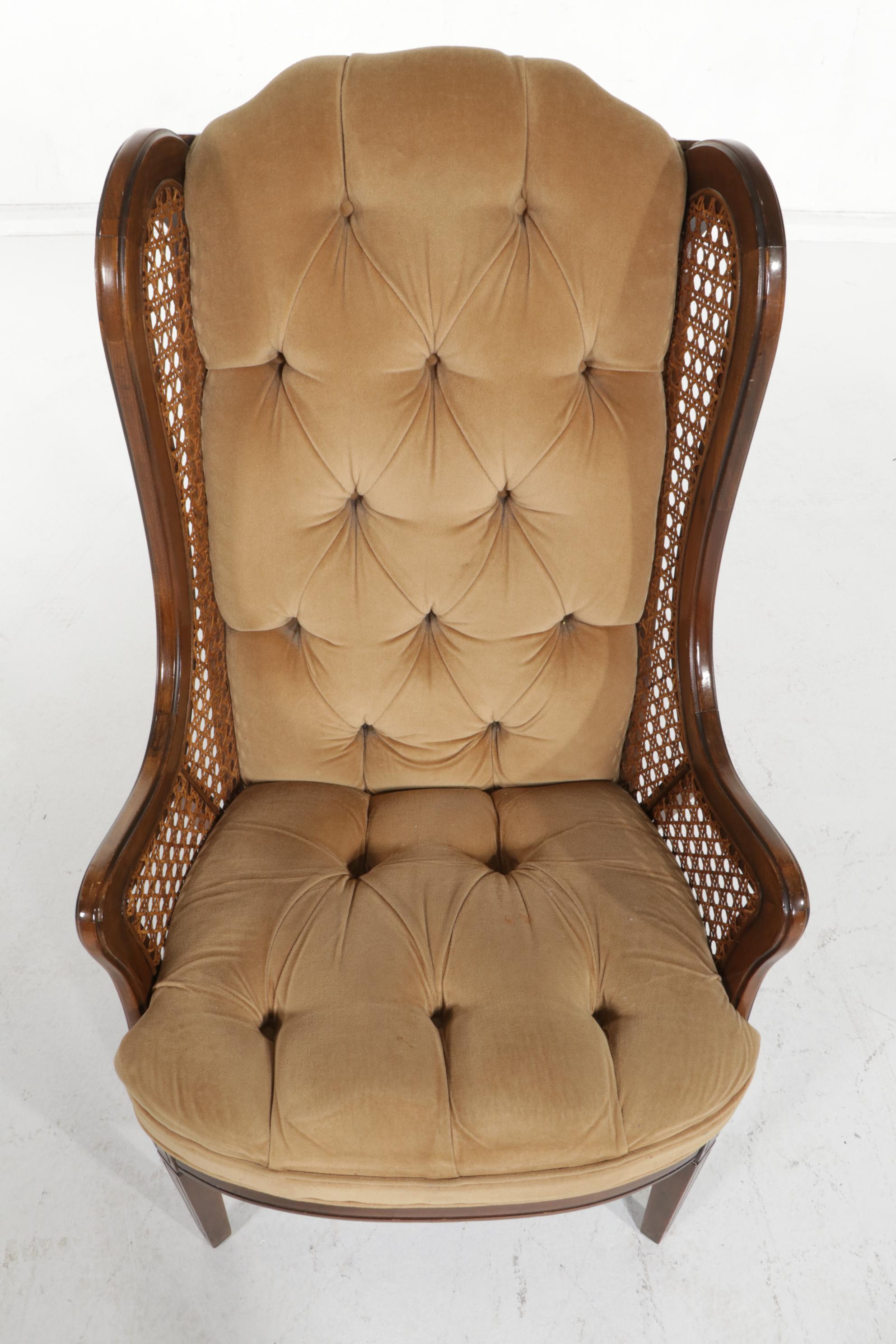 Wood and Cane Button-Tufted Wingback Armchair, circa 1970