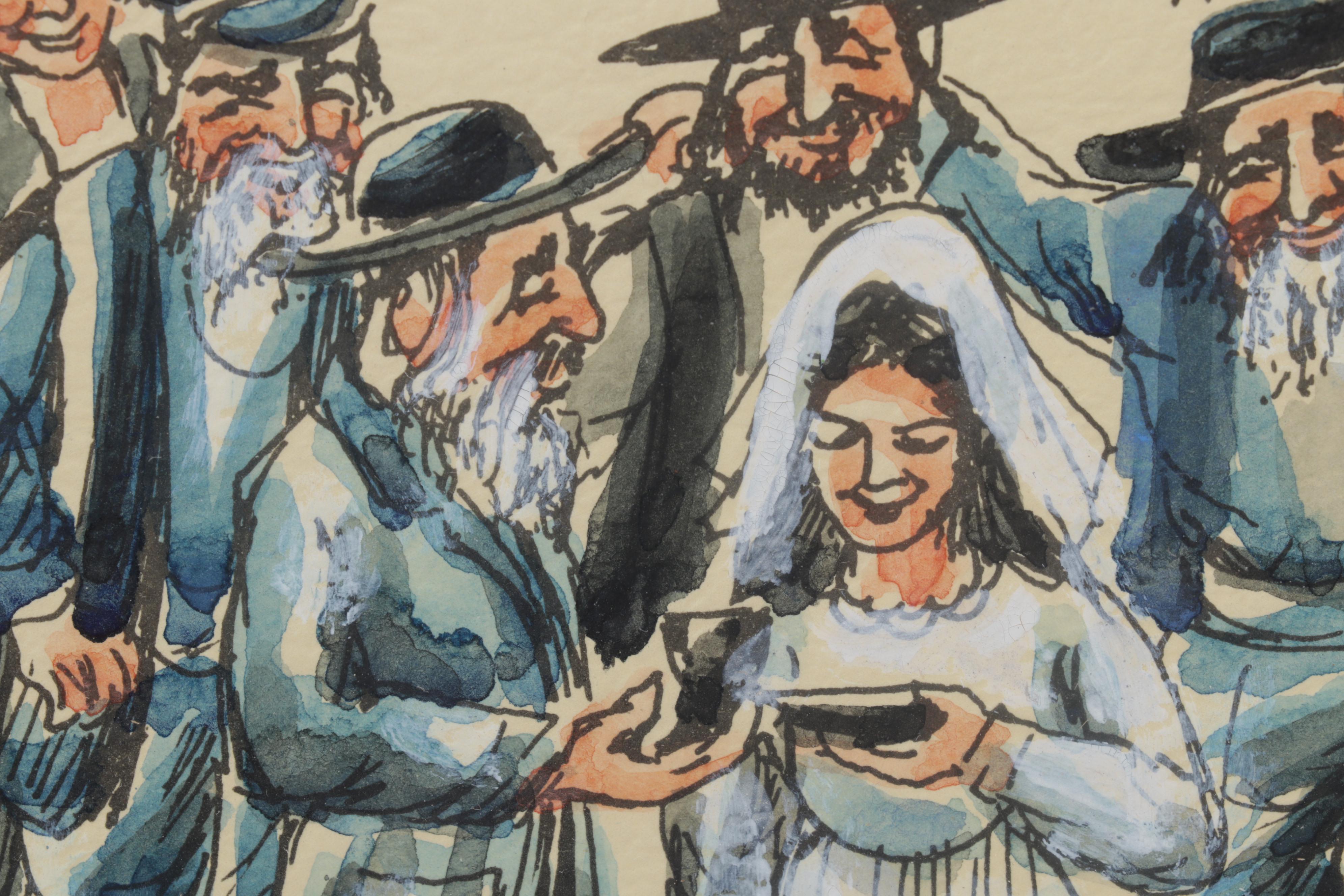 Moyal J. Watercolor Painting of Jewish Wedding, Late 20th Century