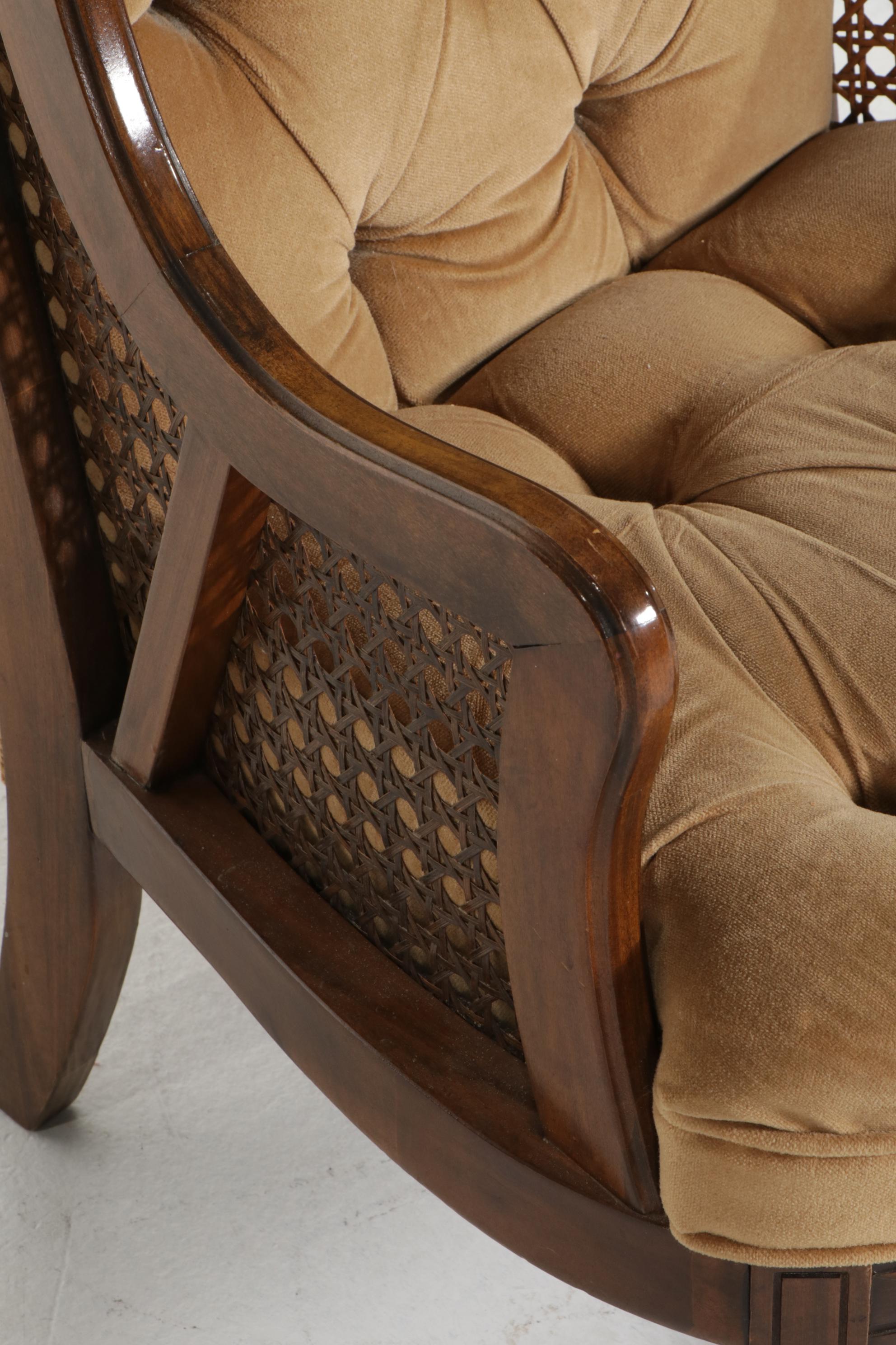 Wood and Cane Button-Tufted Wingback Armchair, circa 1970