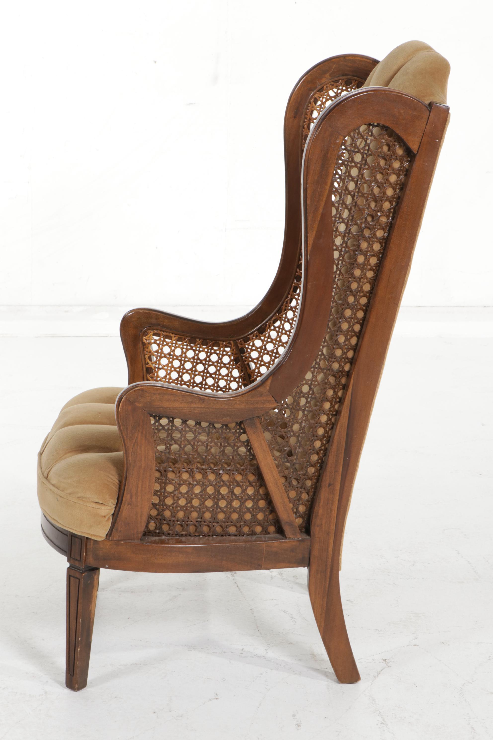 Wood and Cane Button-Tufted Wingback Armchair, circa 1970