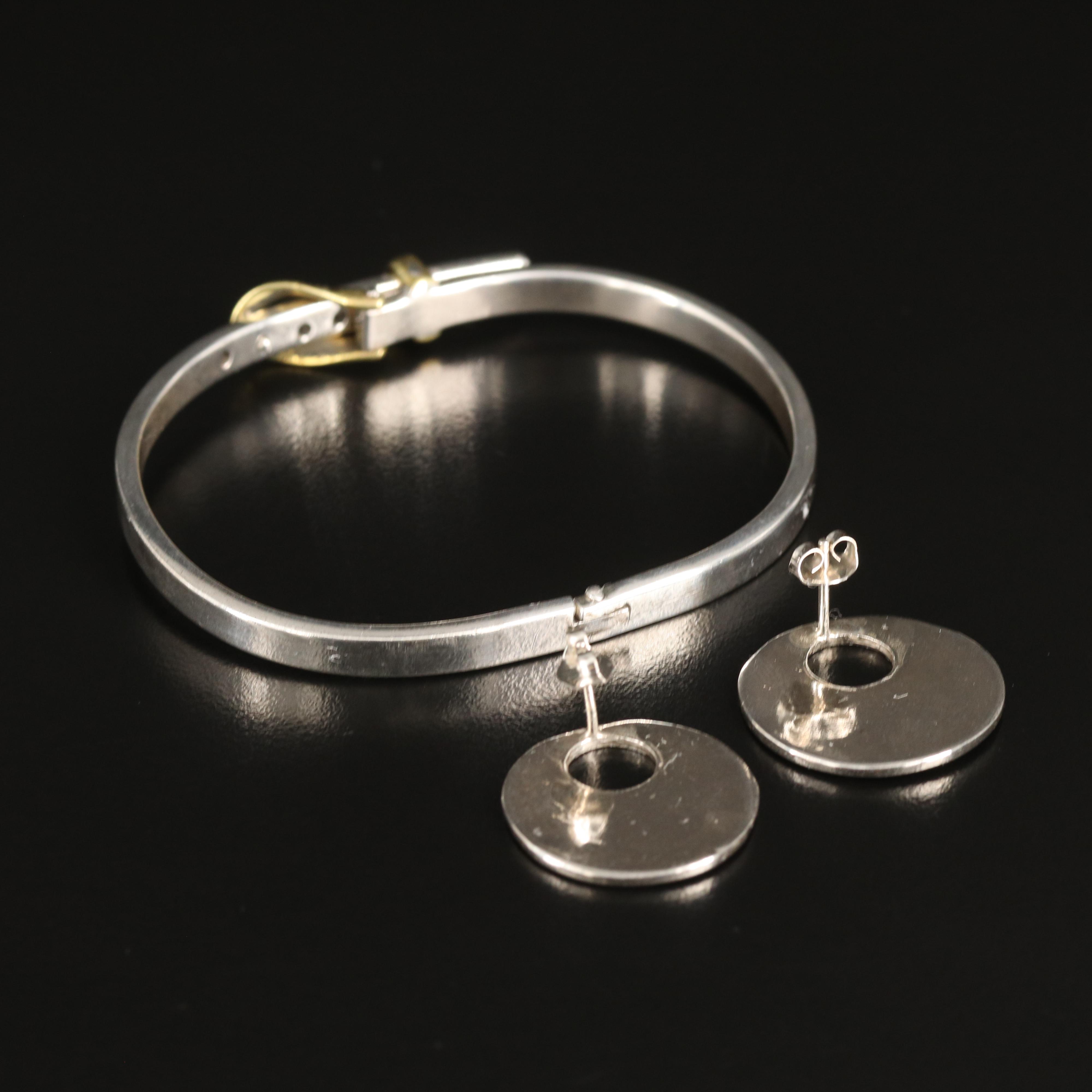 Sterling Buckle Hinged Bangle and Disk Earrings