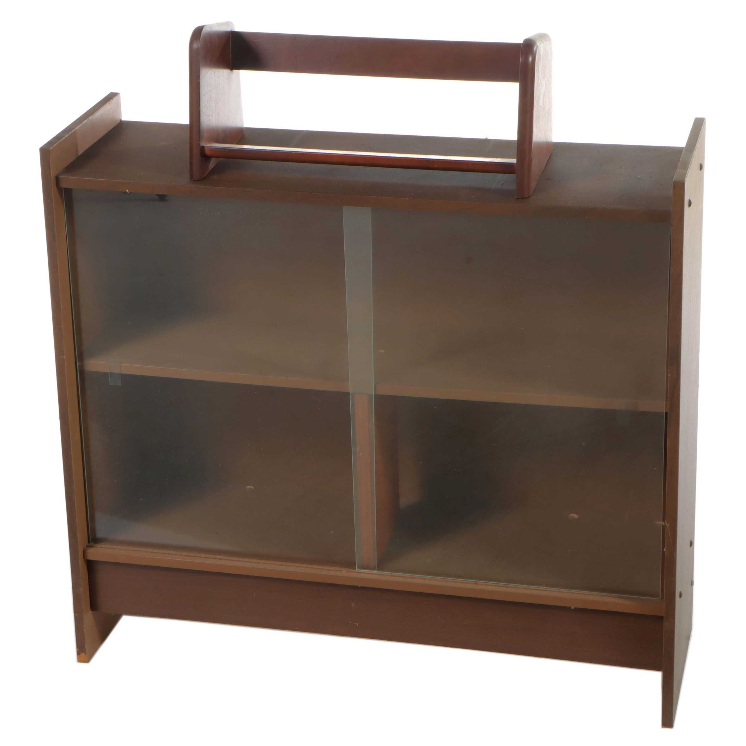 Mid Century Modern Laminate and Glass Sliding-Door Bookcase Plus Book Rack