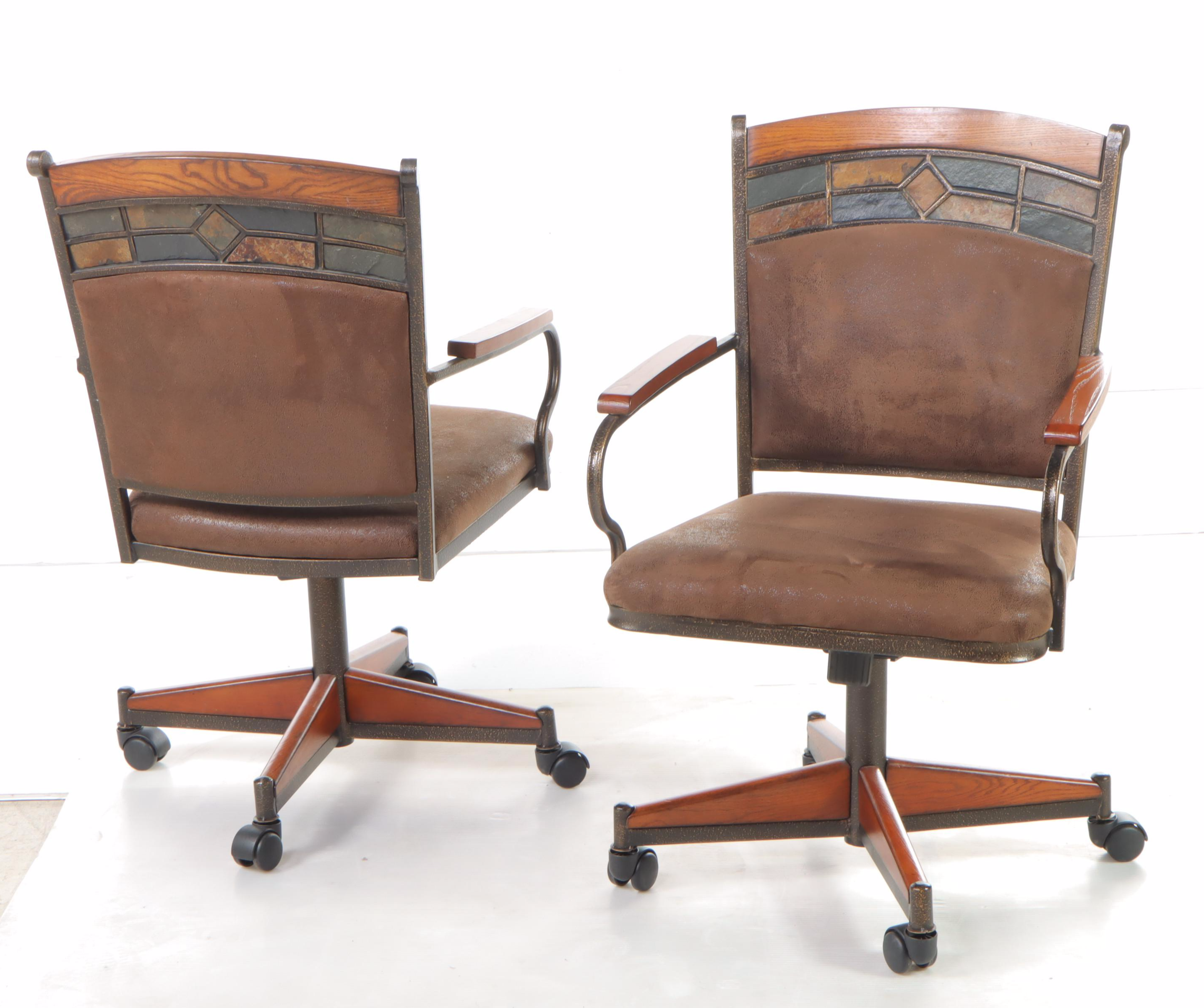 Pair of Chromcraft "Capetown" Oak, Metal, and Slate Swivel-Tilit Dining Chairs