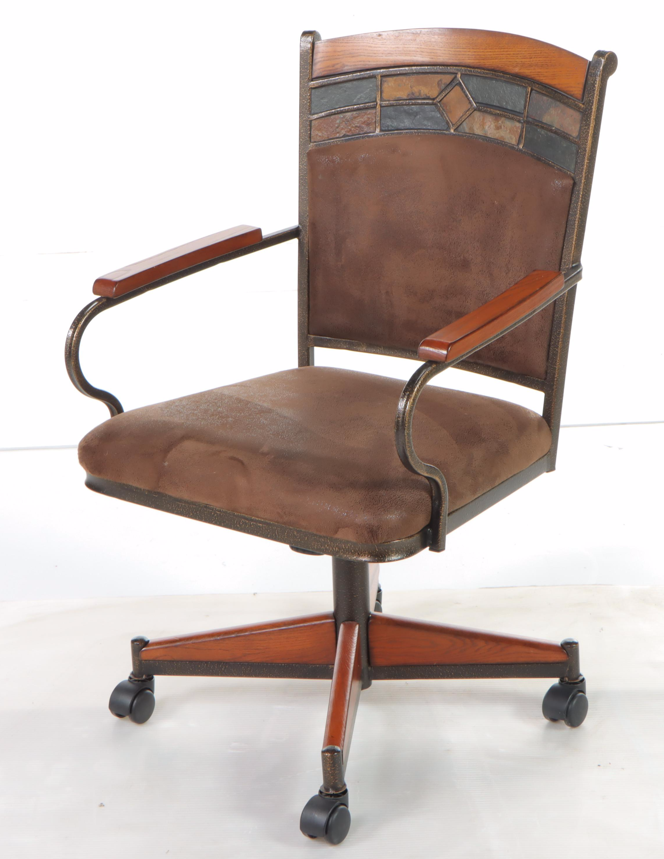 Pair of Chromcraft "Capetown" Oak, Metal, and Slate Swivel-Tilit Dining Chairs