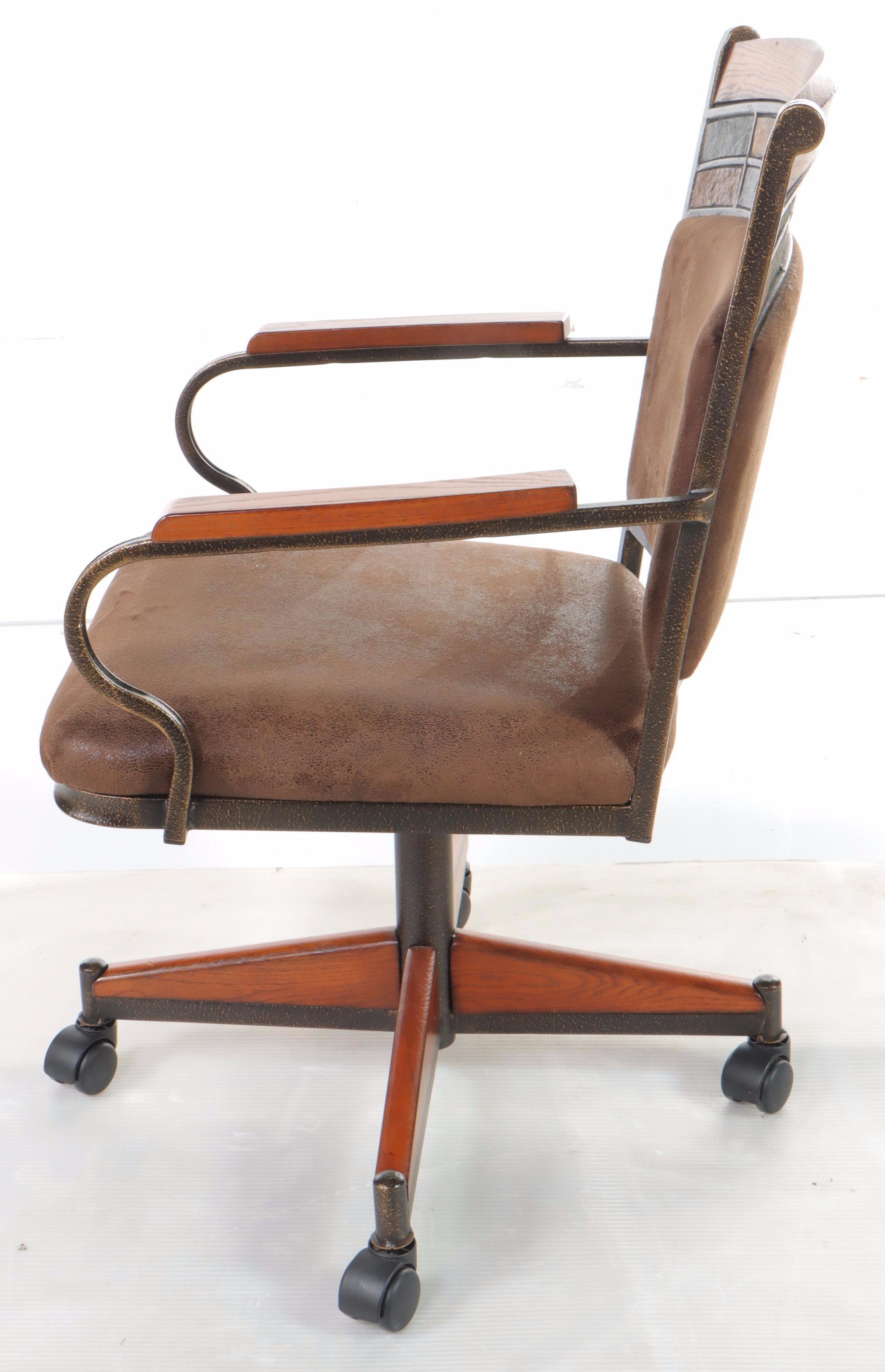 Pair of Chromcraft "Capetown" Oak, Metal, and Slate Swivel-Tilit Dining Chairs