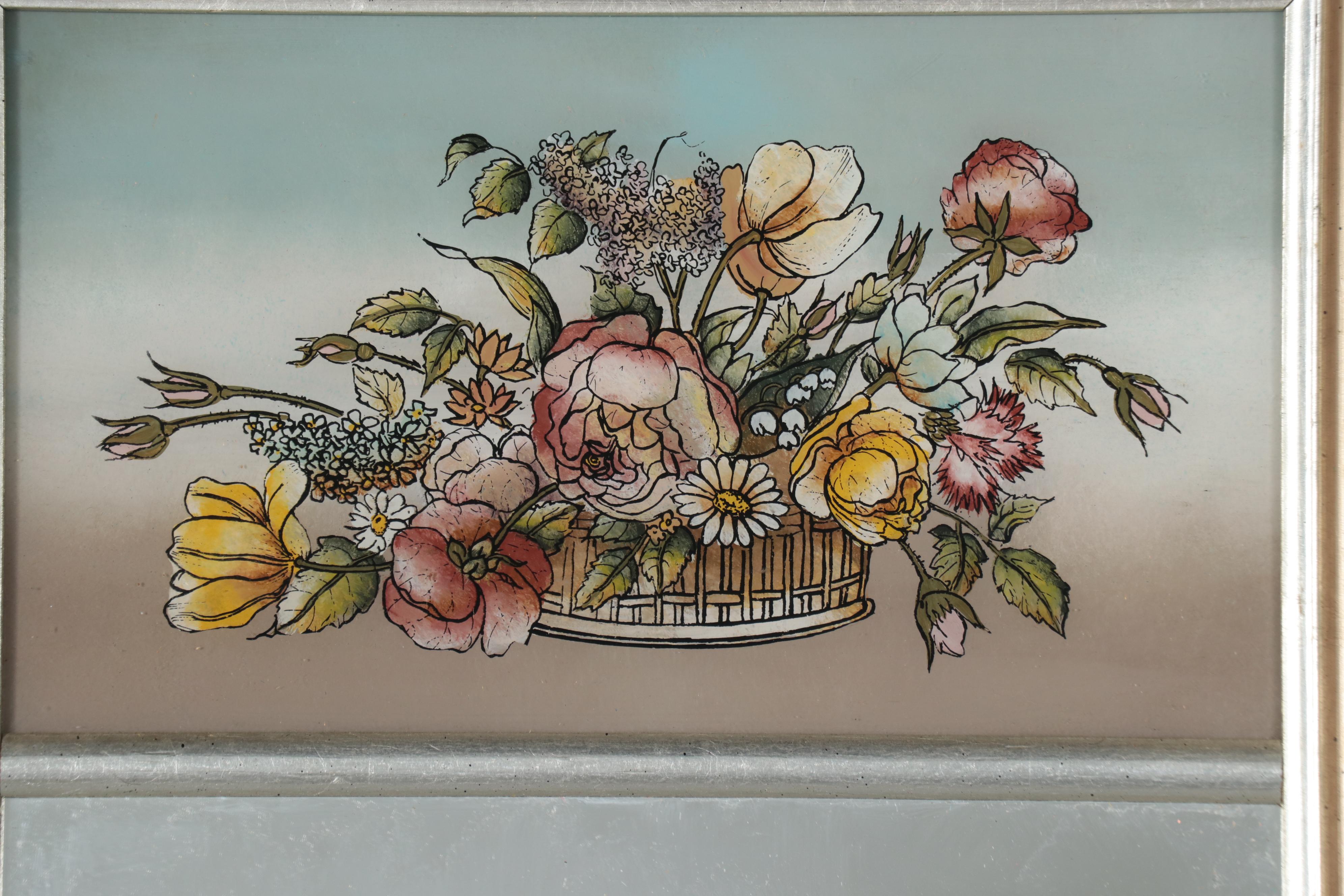 Eglomise Rectangular Wall Hanging Mirrors With Duck and Flower Motifs