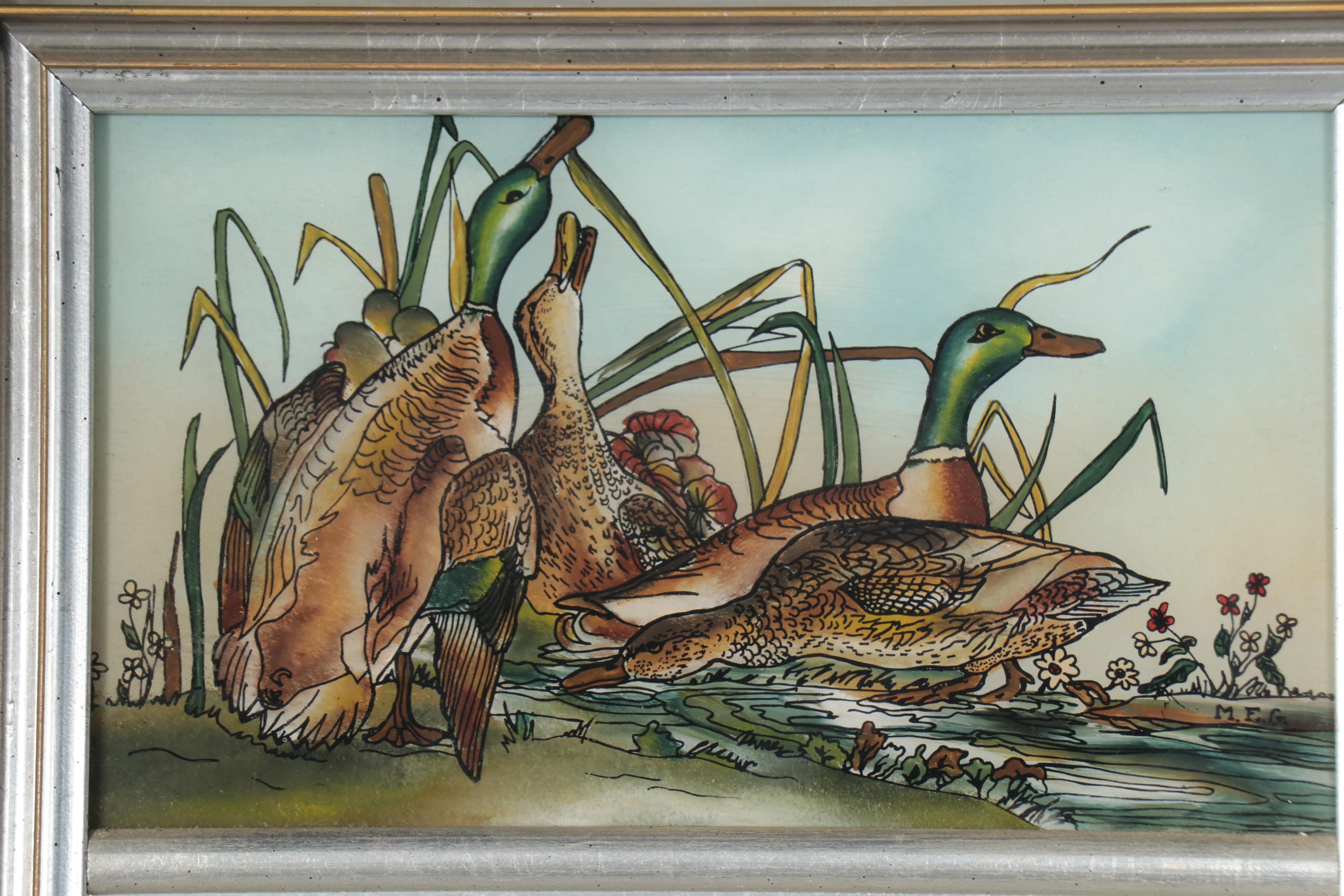 Eglomise Rectangular Wall Hanging Mirrors With Duck and Flower Motifs