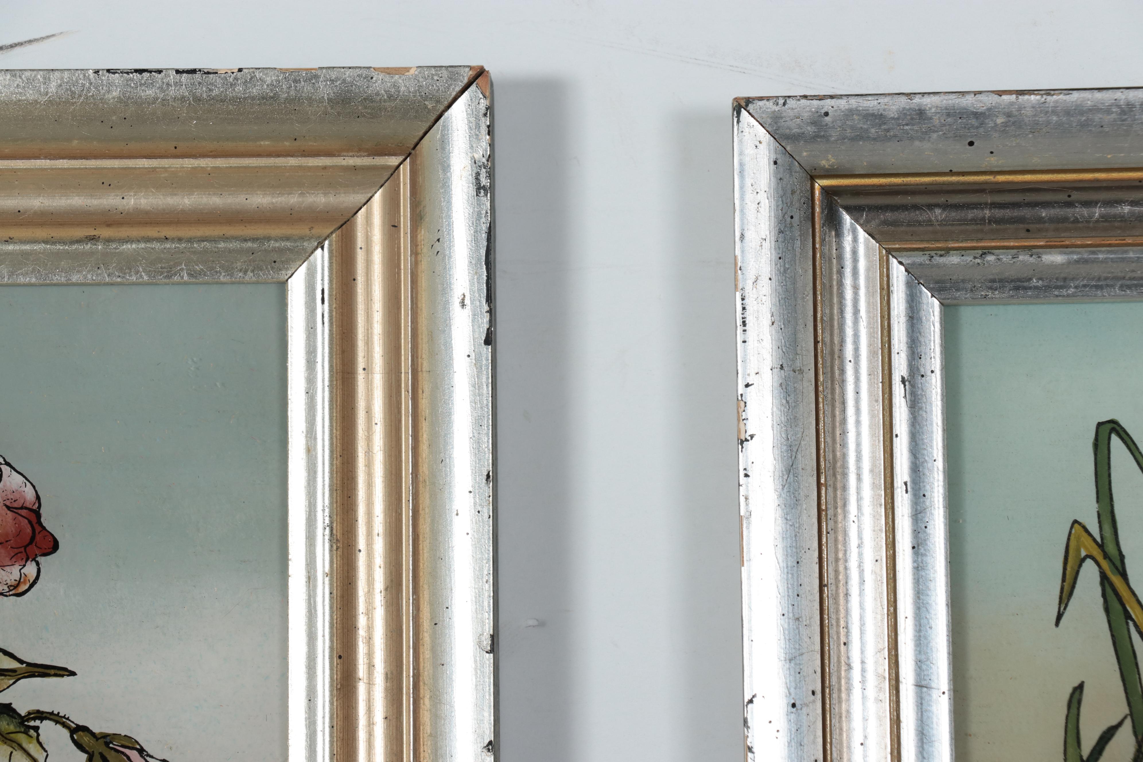 Eglomise Rectangular Wall Hanging Mirrors With Duck and Flower Motifs