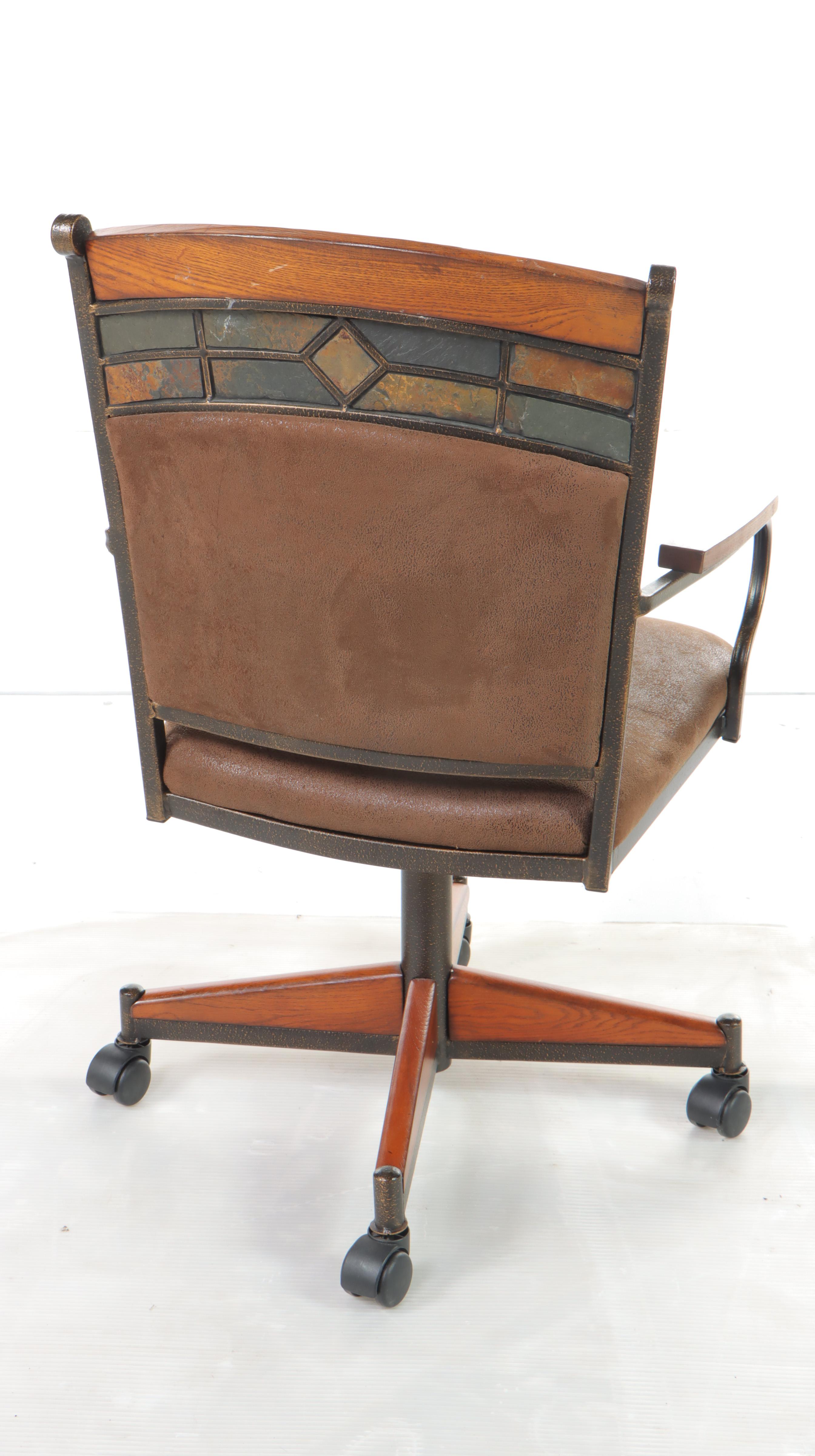 Pair of Chromcraft "Capetown" Oak, Metal, and Slate Swivel-Tilit Dining Chairs