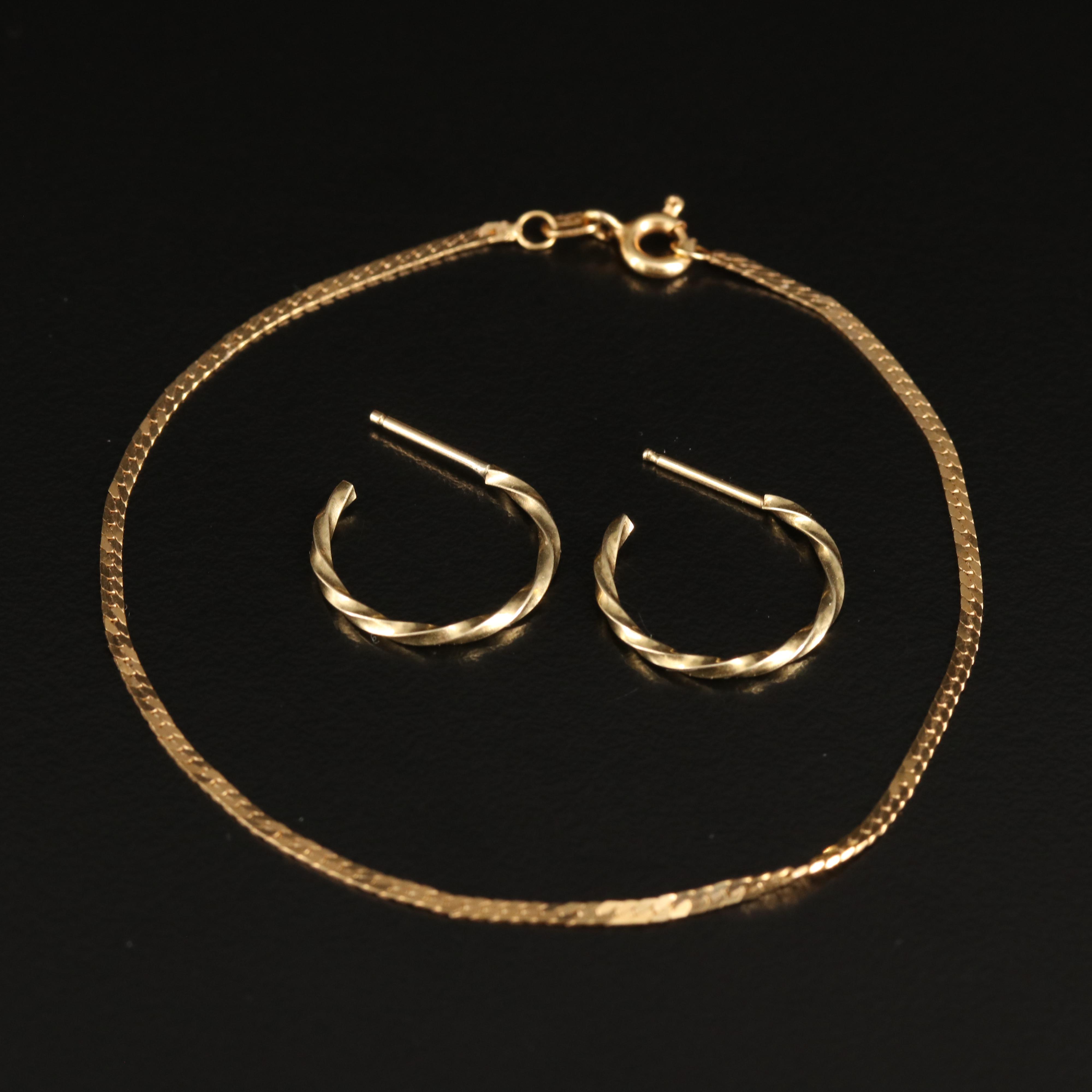 14K Curb Chain Bracelet and Fluted Hoop Earrings