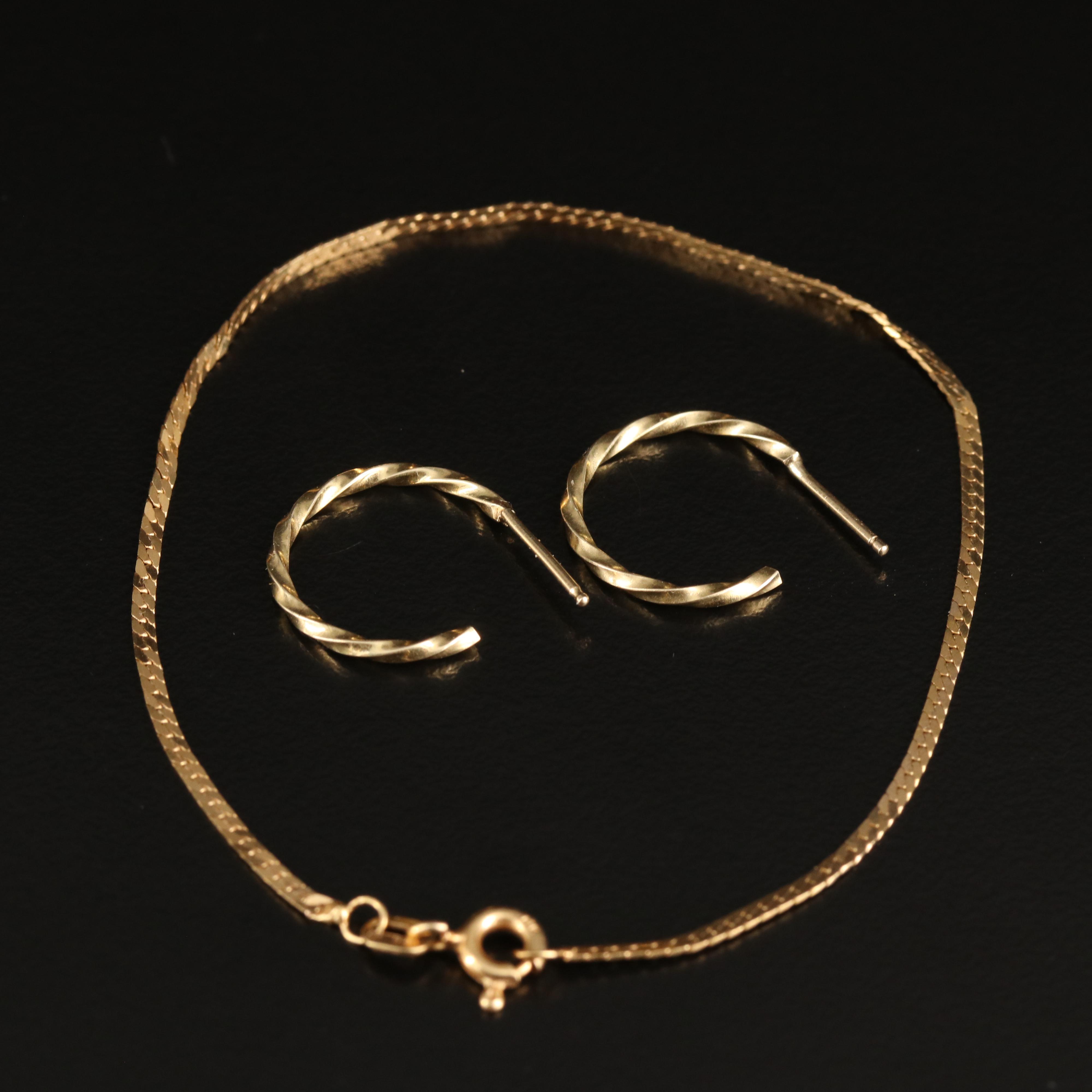 14K Curb Chain Bracelet and Fluted Hoop Earrings