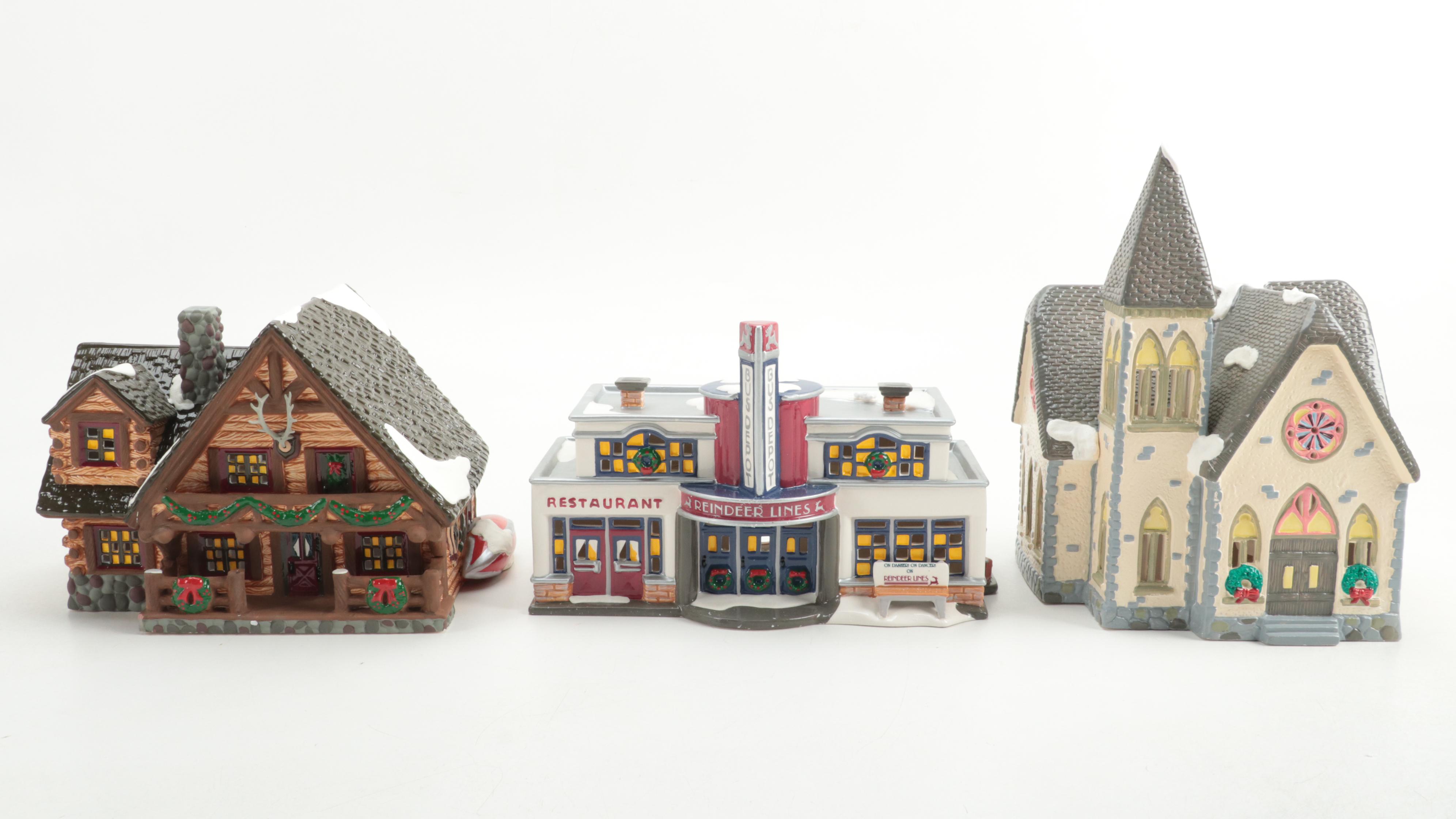 Department 56 "Hunting Lodge" with Other Snow Village Illuminated Houses