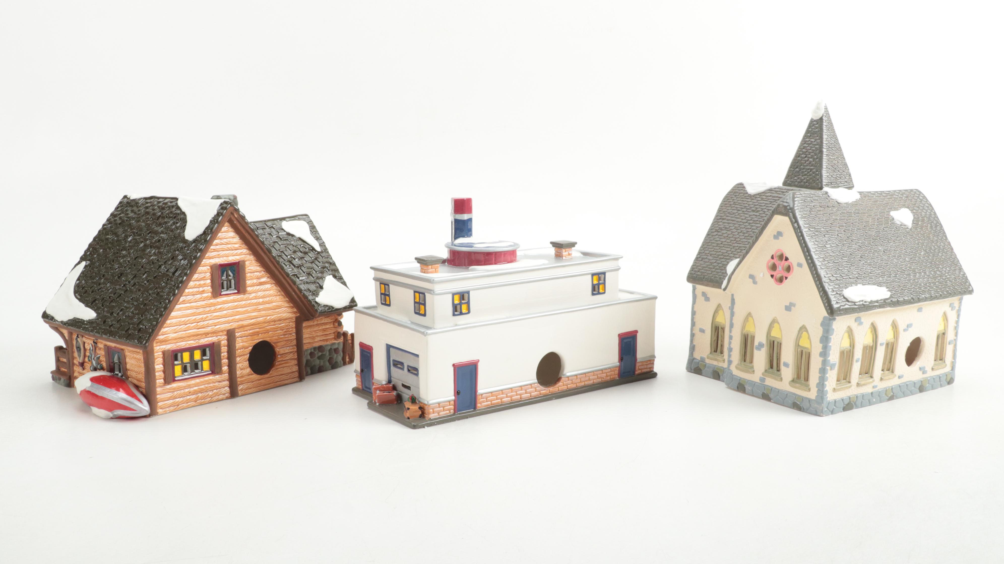 Department 56 "Hunting Lodge" with Other Snow Village Illuminated Houses