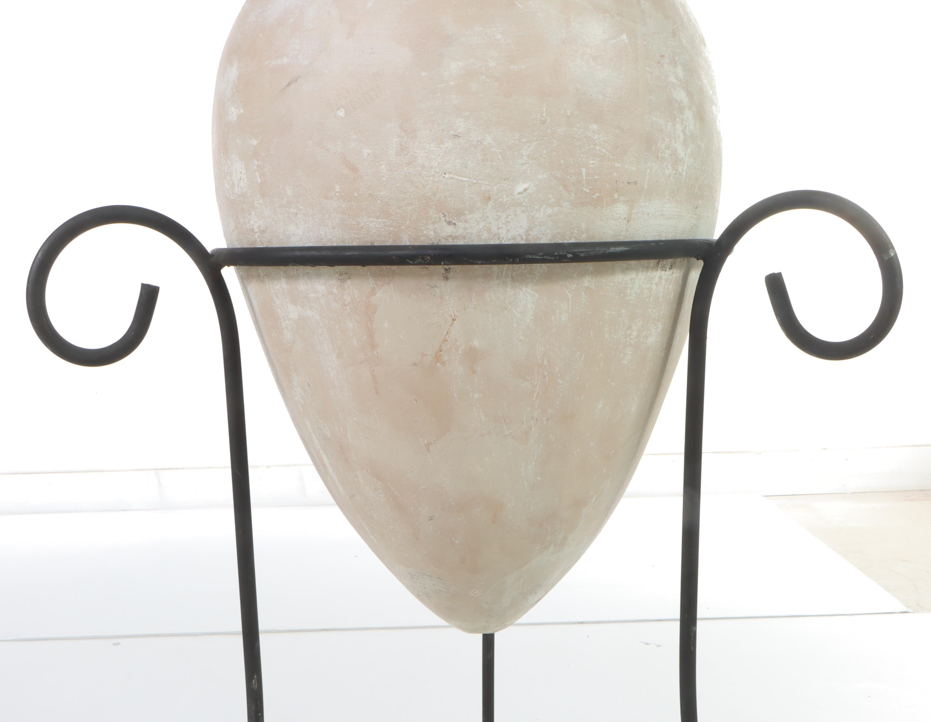 Glazed Terracotta Urn on Iron Stand