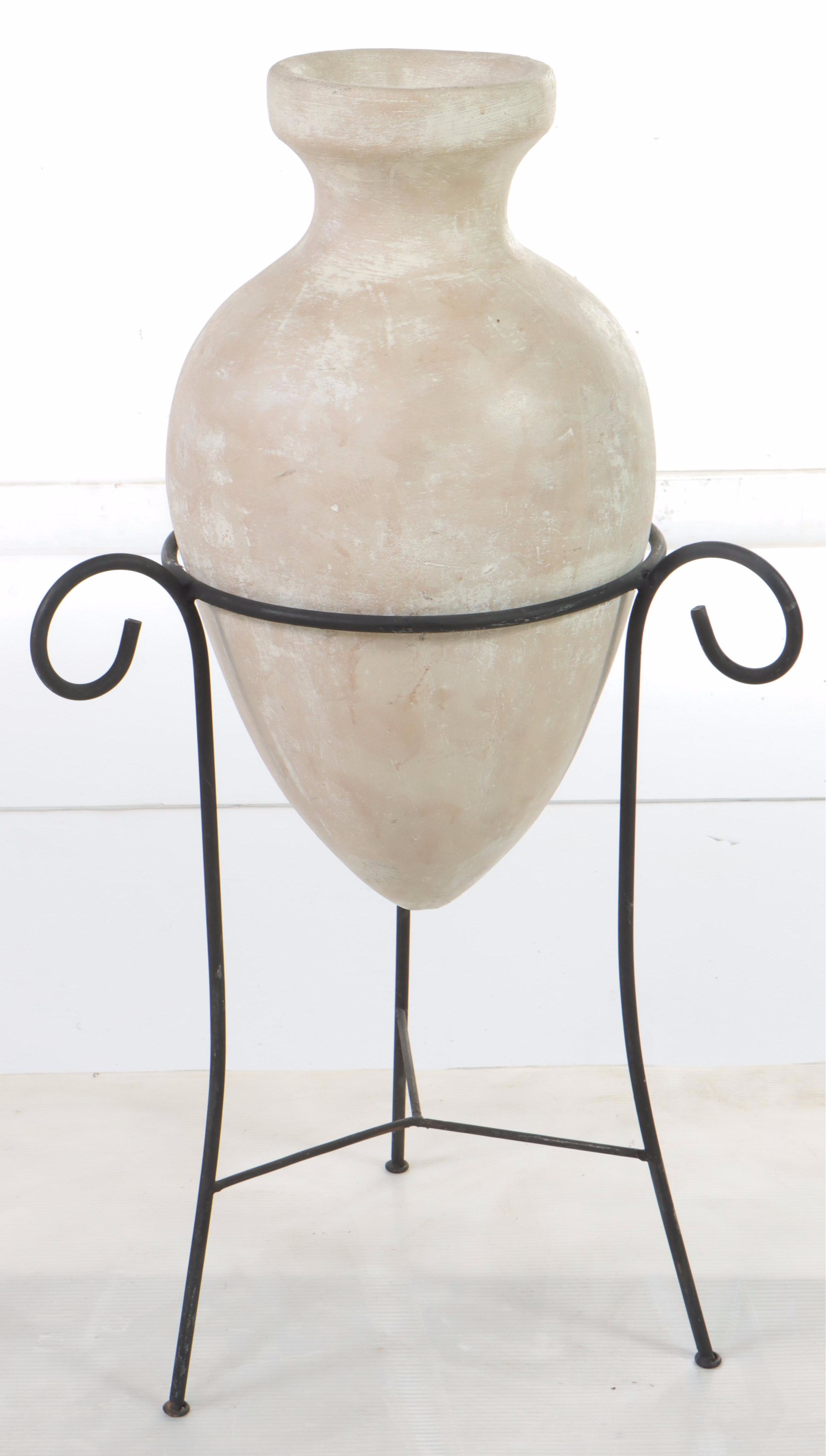 Glazed Terracotta Urn on Iron Stand