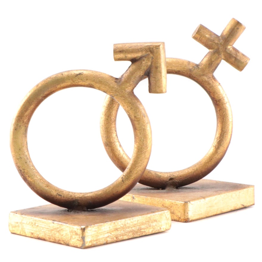 Curtis Jeré Signed Metal Gender Symbol Bookends, 1969