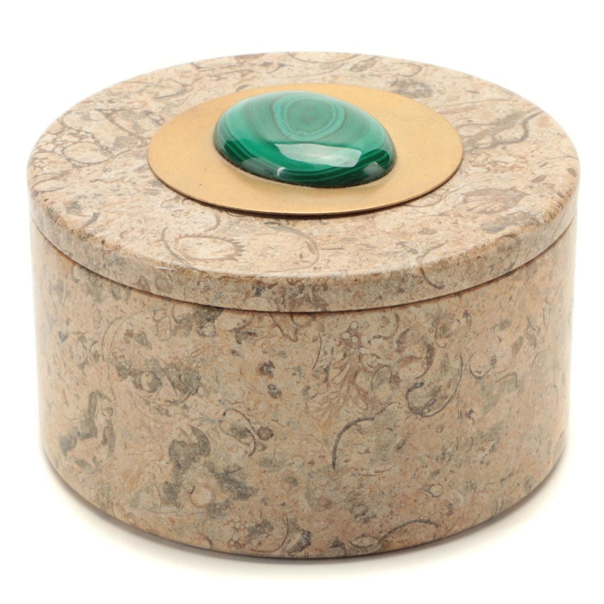 Malachite Inlaid Gastropod Fossil Limestone Box