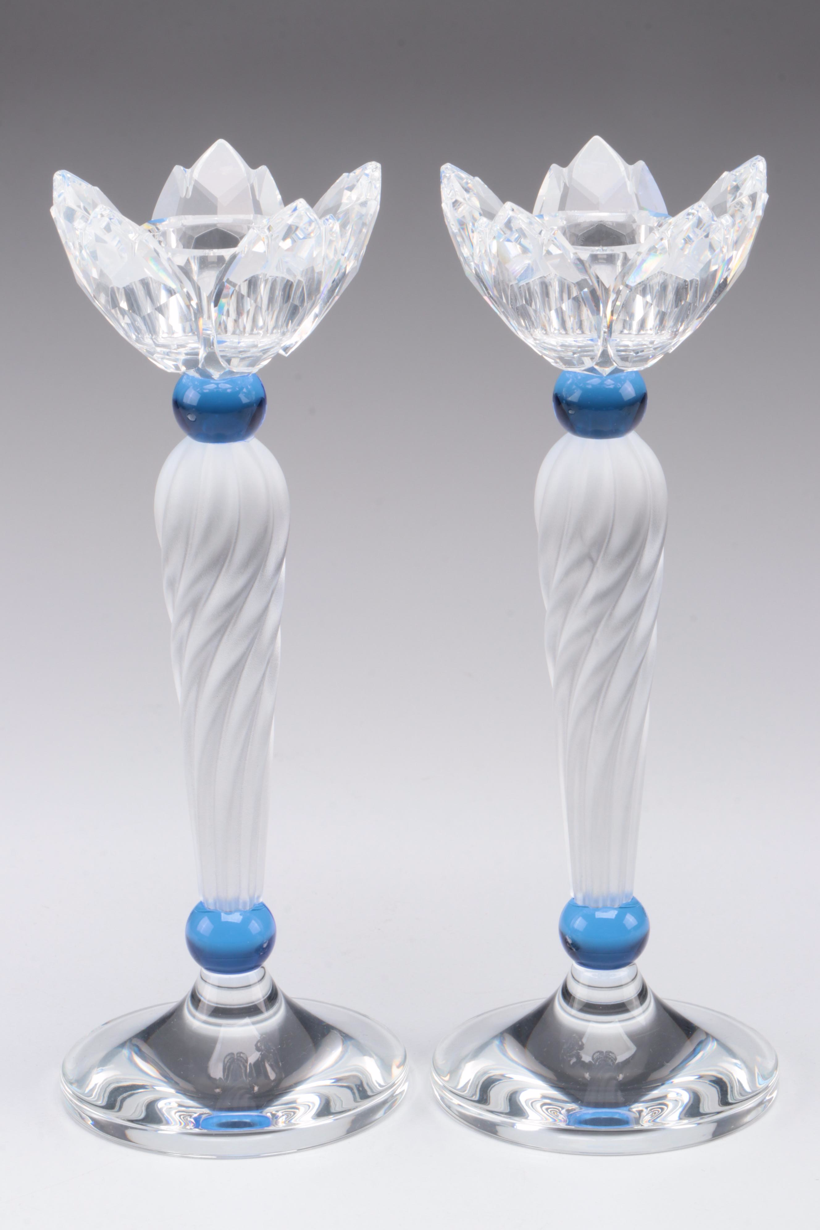 Swarovski Crystal "Blue Flower" Candle Holders and Lidded Jewel Box with Mirror
