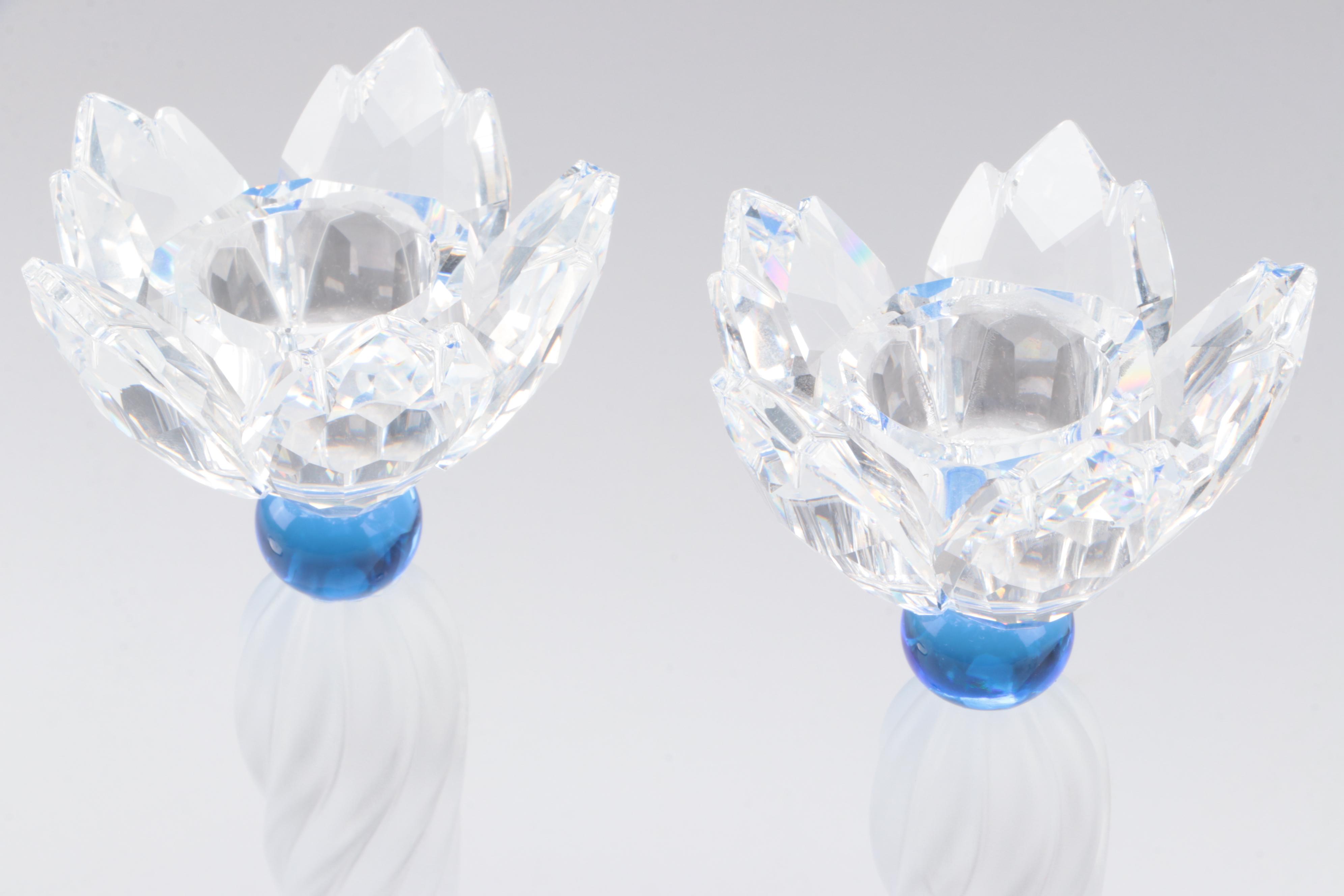 Swarovski Crystal "Blue Flower" Candle Holders and Lidded Jewel Box with Mirror