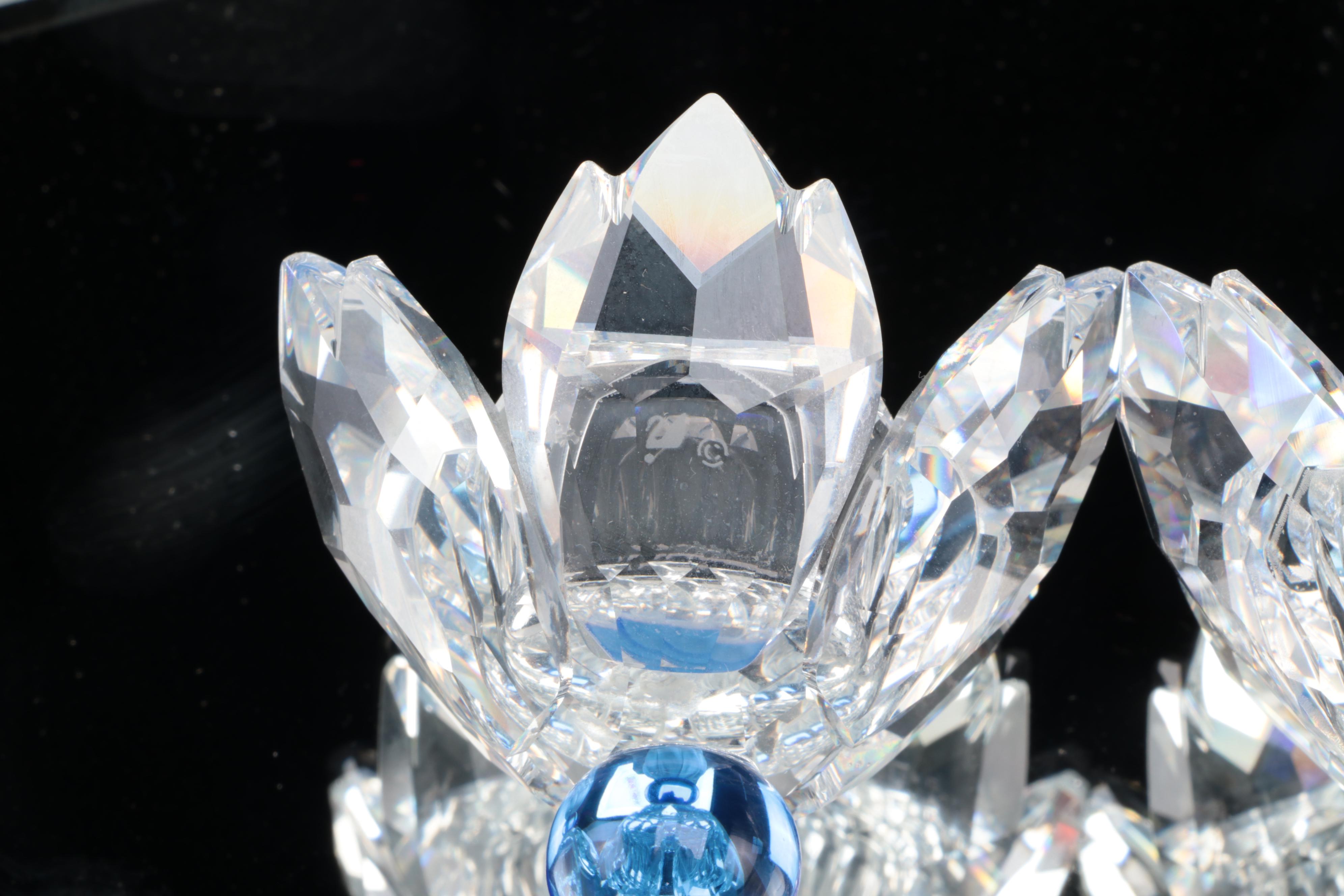 Swarovski Crystal "Blue Flower" Candle Holders and Lidded Jewel Box with Mirror