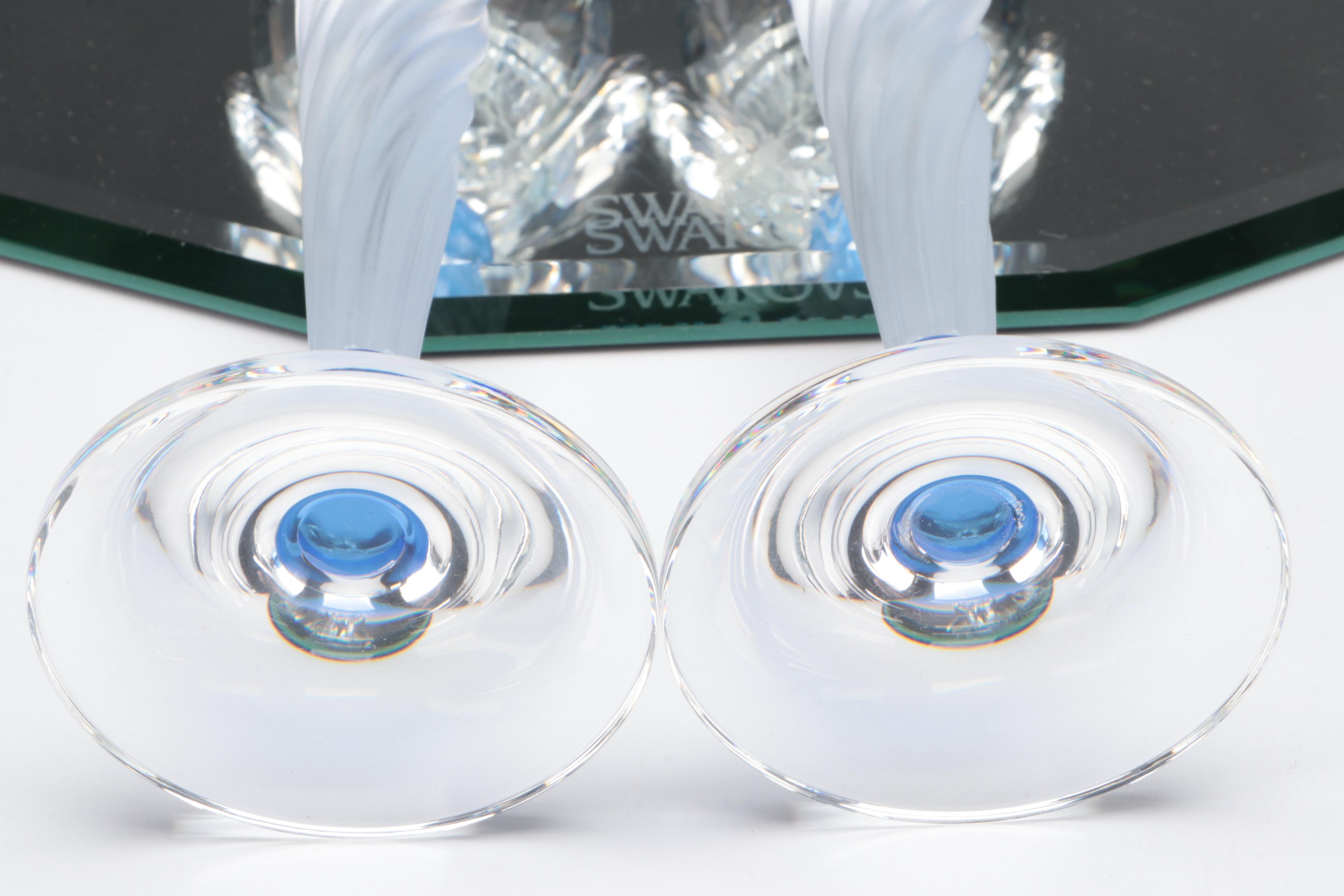 Swarovski Crystal "Blue Flower" Candle Holders and Lidded Jewel Box with Mirror