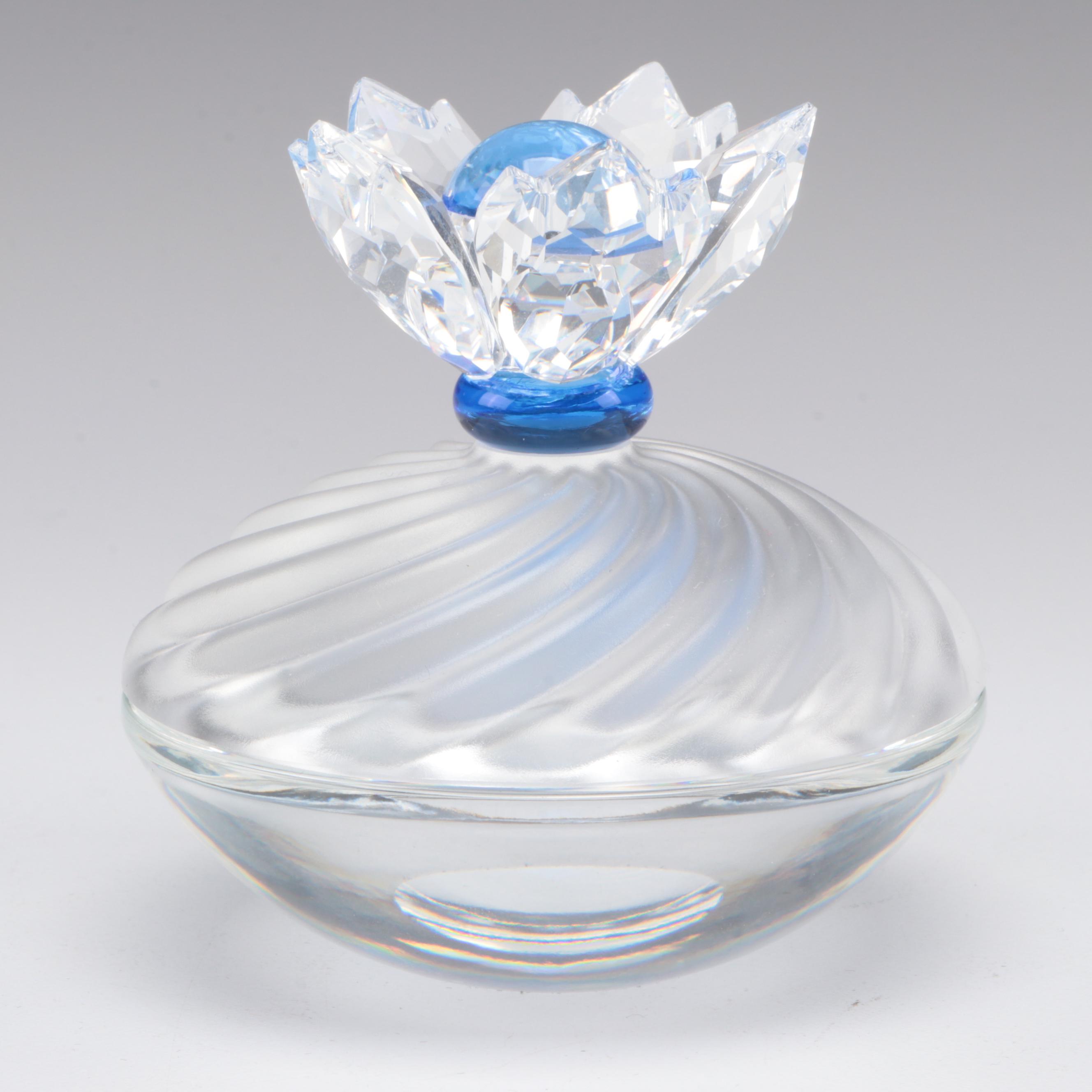 Swarovski Crystal "Blue Flower" Candle Holders and Lidded Jewel Box with Mirror