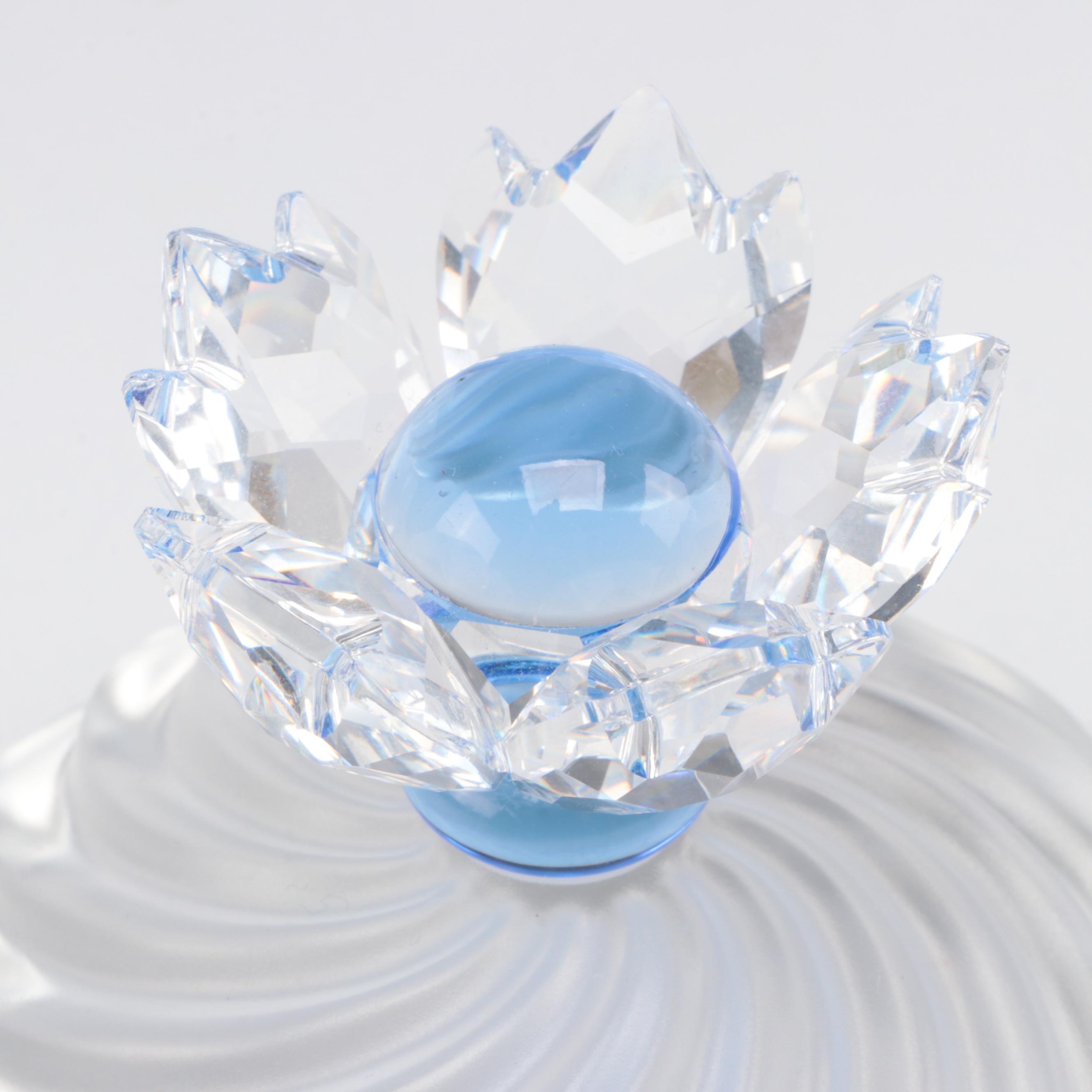 Swarovski Crystal "Blue Flower" Candle Holders and Lidded Jewel Box with Mirror