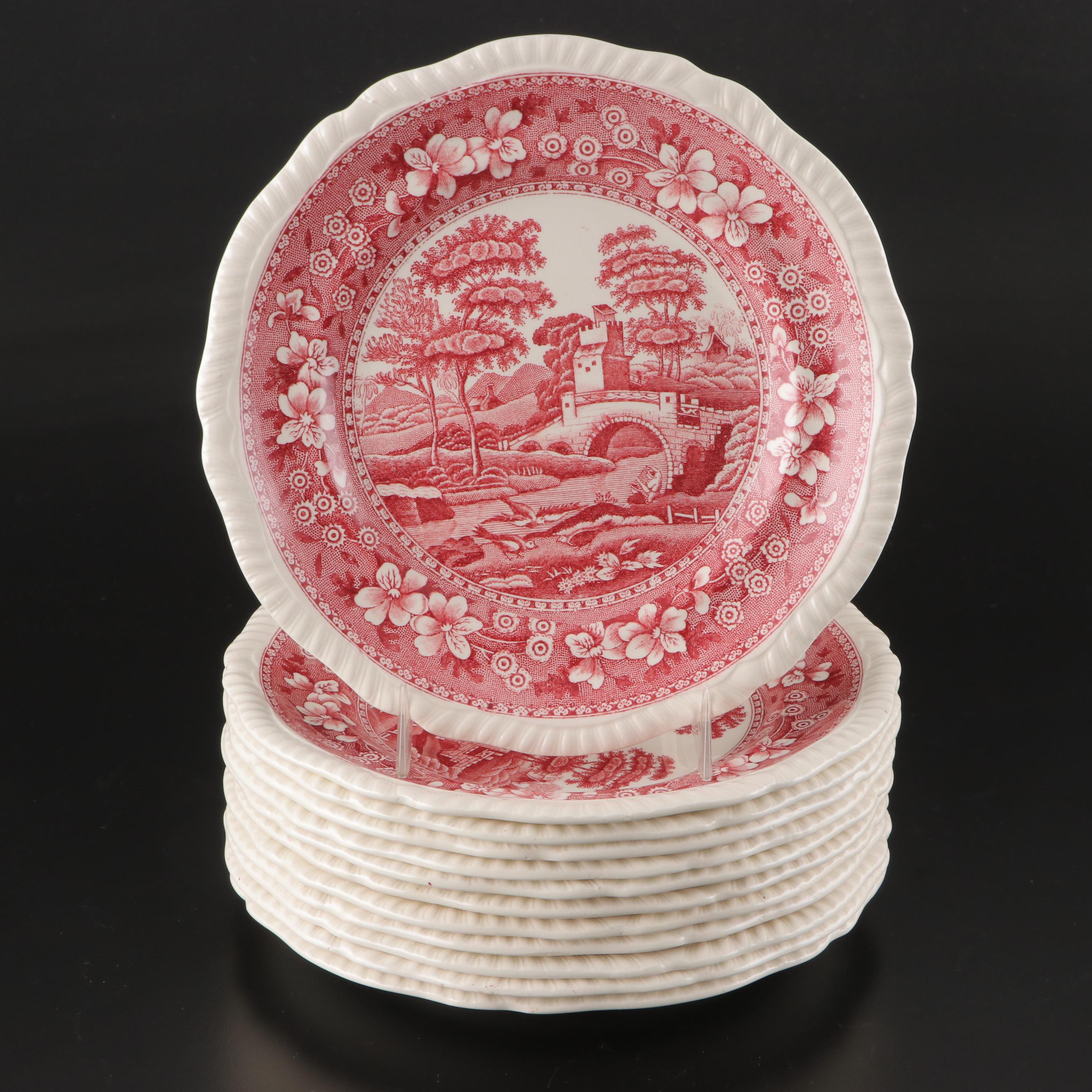 "Spode's Tower" Pink Transferware Plates with Tiffany & Co. "Rock Cut" Vase