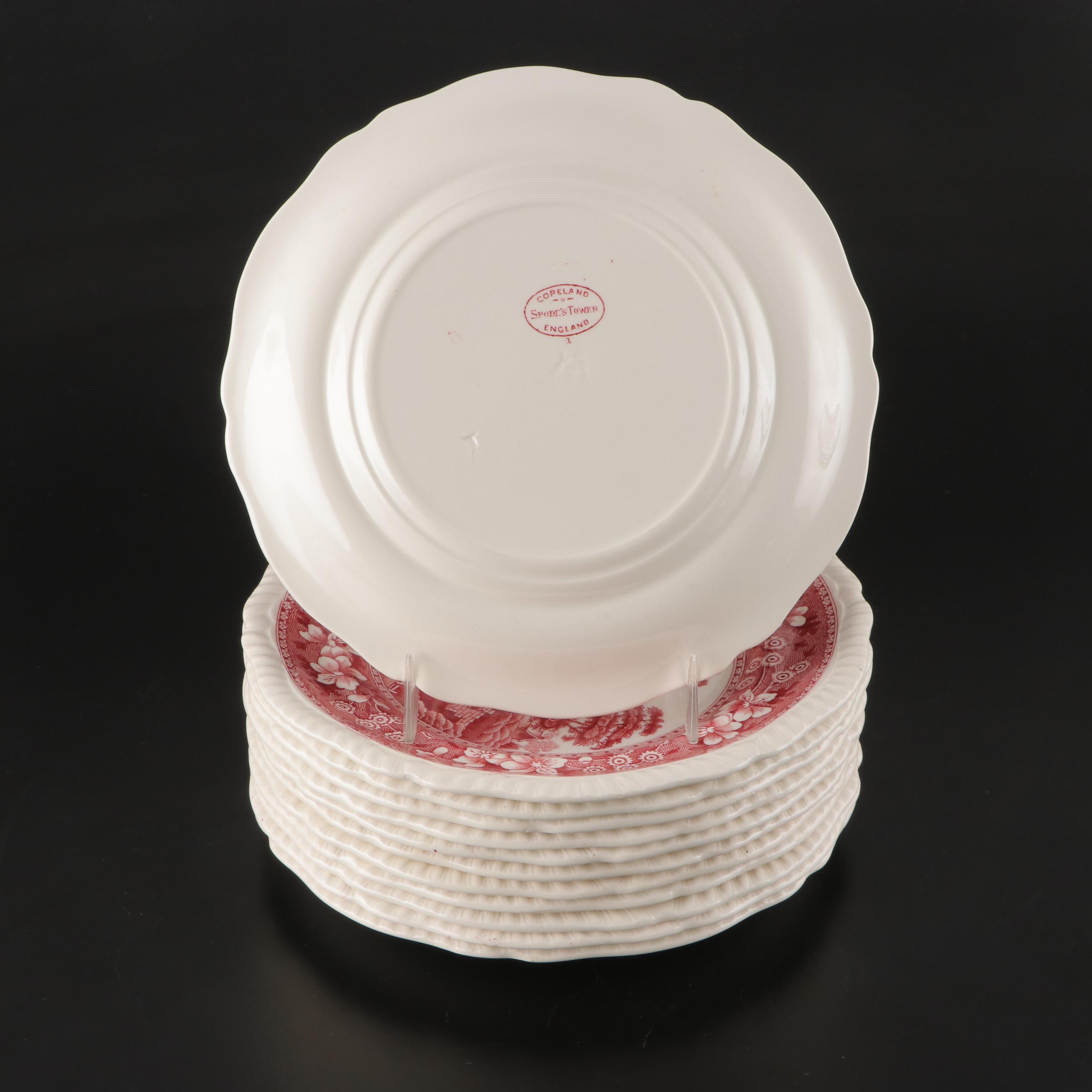 "Spode's Tower" Pink Transferware Plates with Tiffany & Co. "Rock Cut" Vase