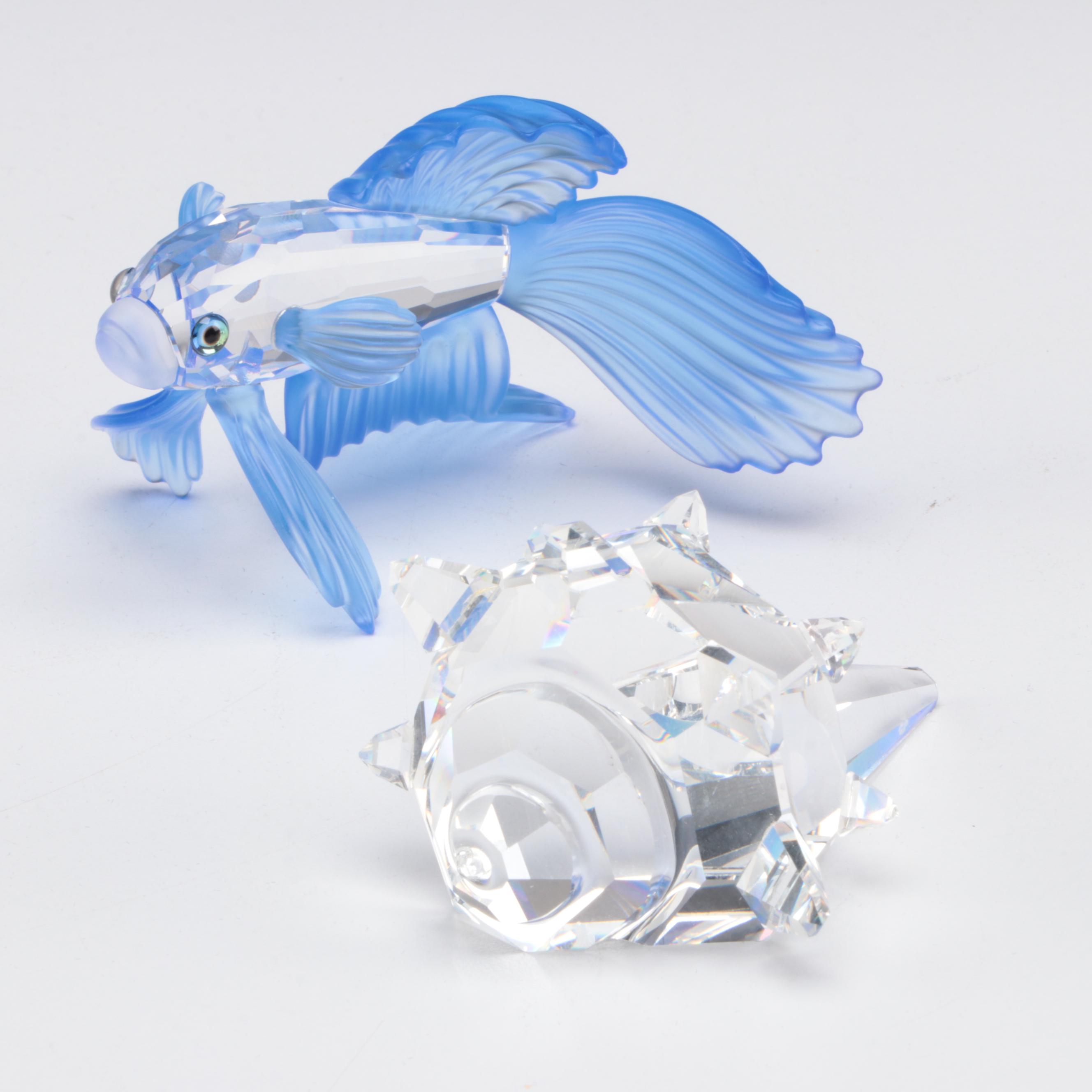 Swarovski Crystal Siamese Fighting Fish and Conch Shell Figurines