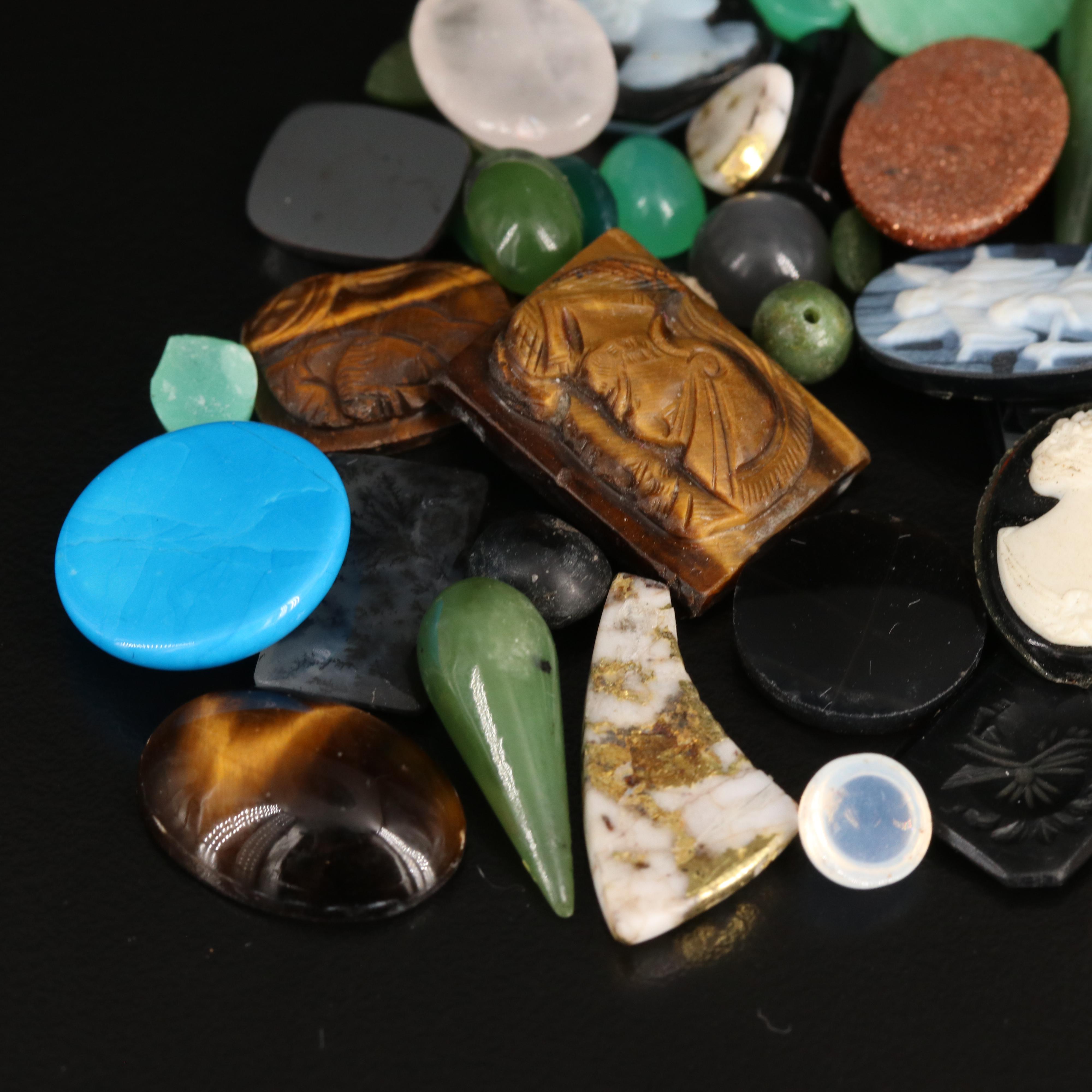 Loose Gemstones Including Dendritic Agate, Jadeite and Tiger's Eye