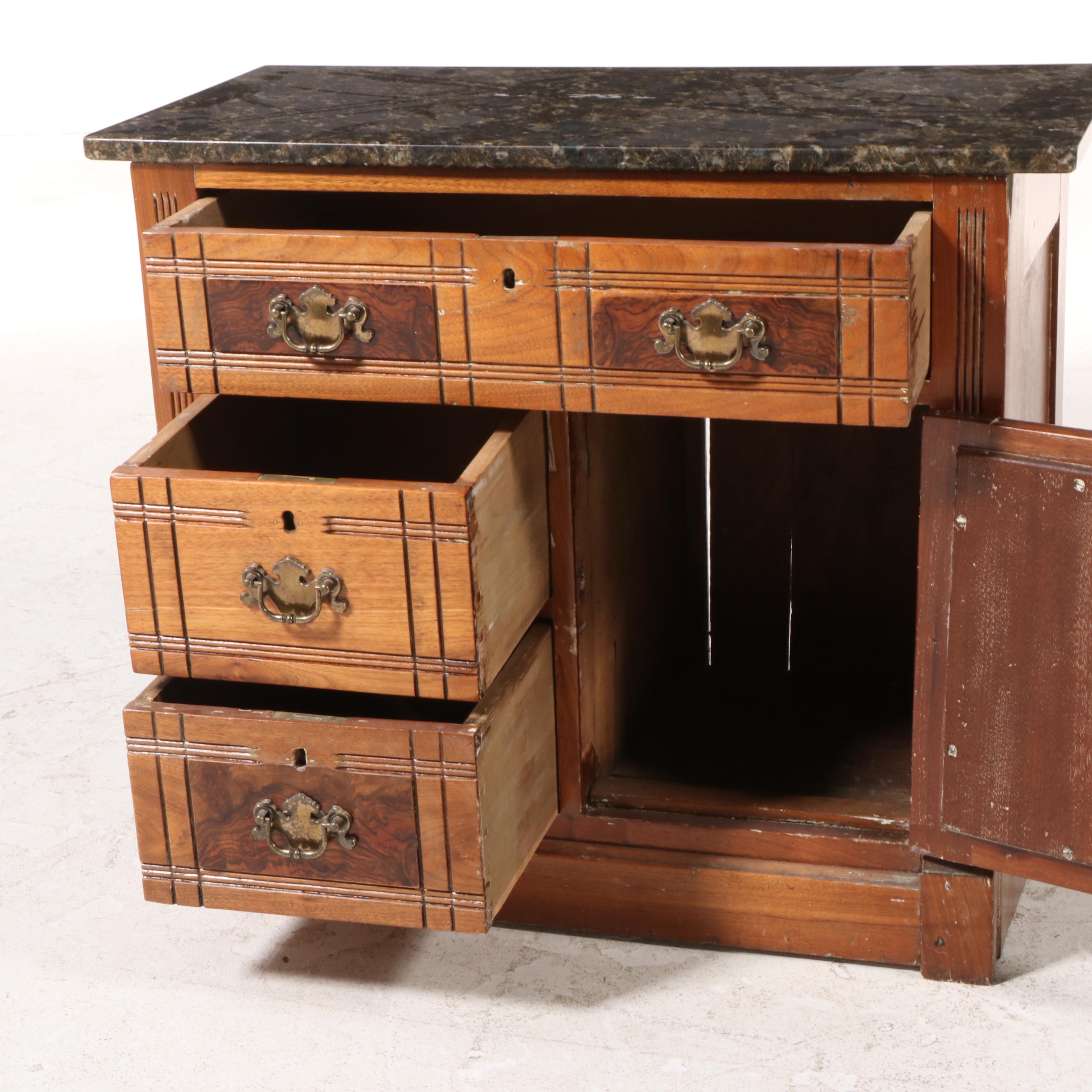 Victorian Walnut, Burl Walnut, and Granite Top Washstand