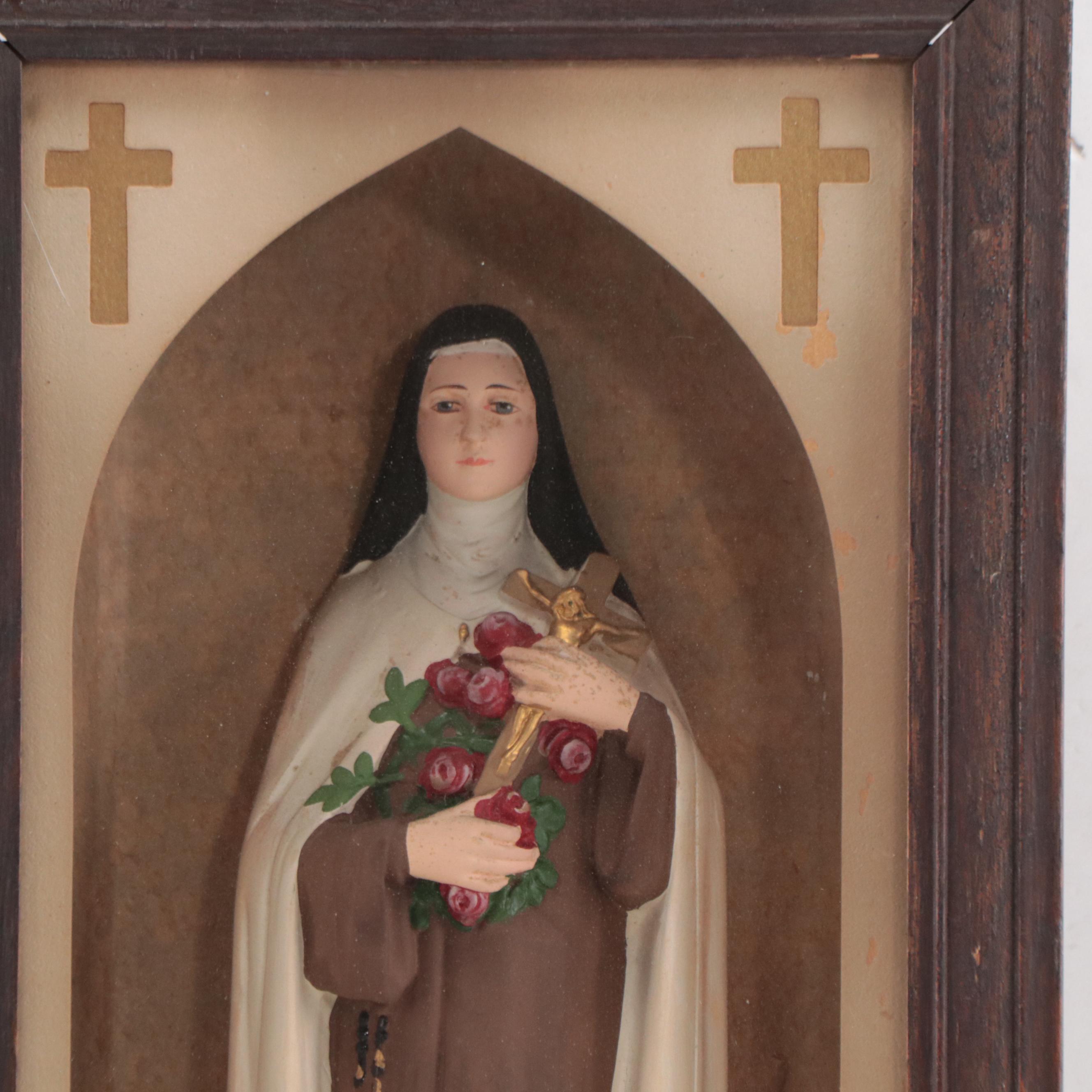 Saint Therese of the Child Jesus Figurine in Illuminated Case, Mid-20th Century