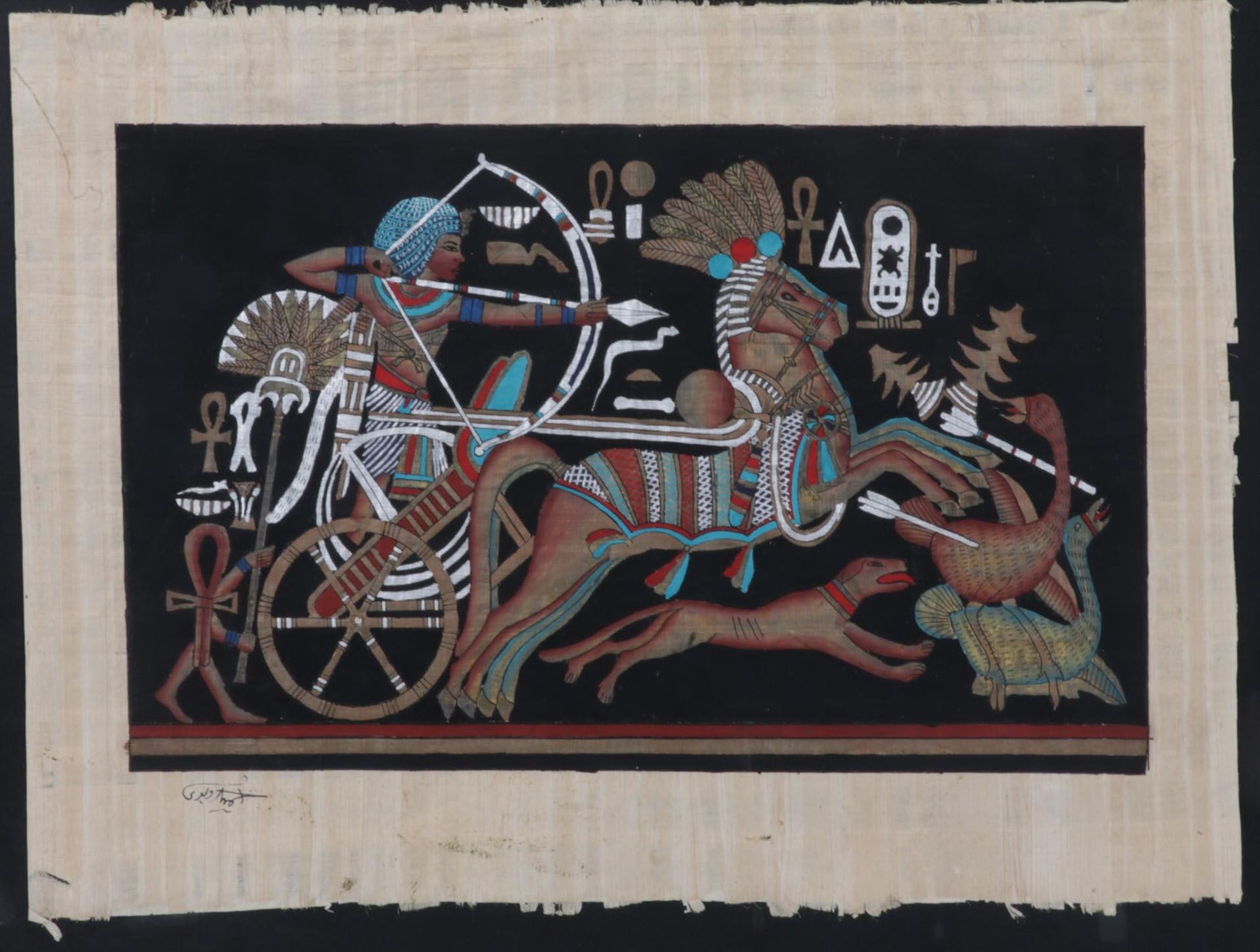 Egyptian Inspired Gouache and Ink Painting of Archer Hunting From Chariot