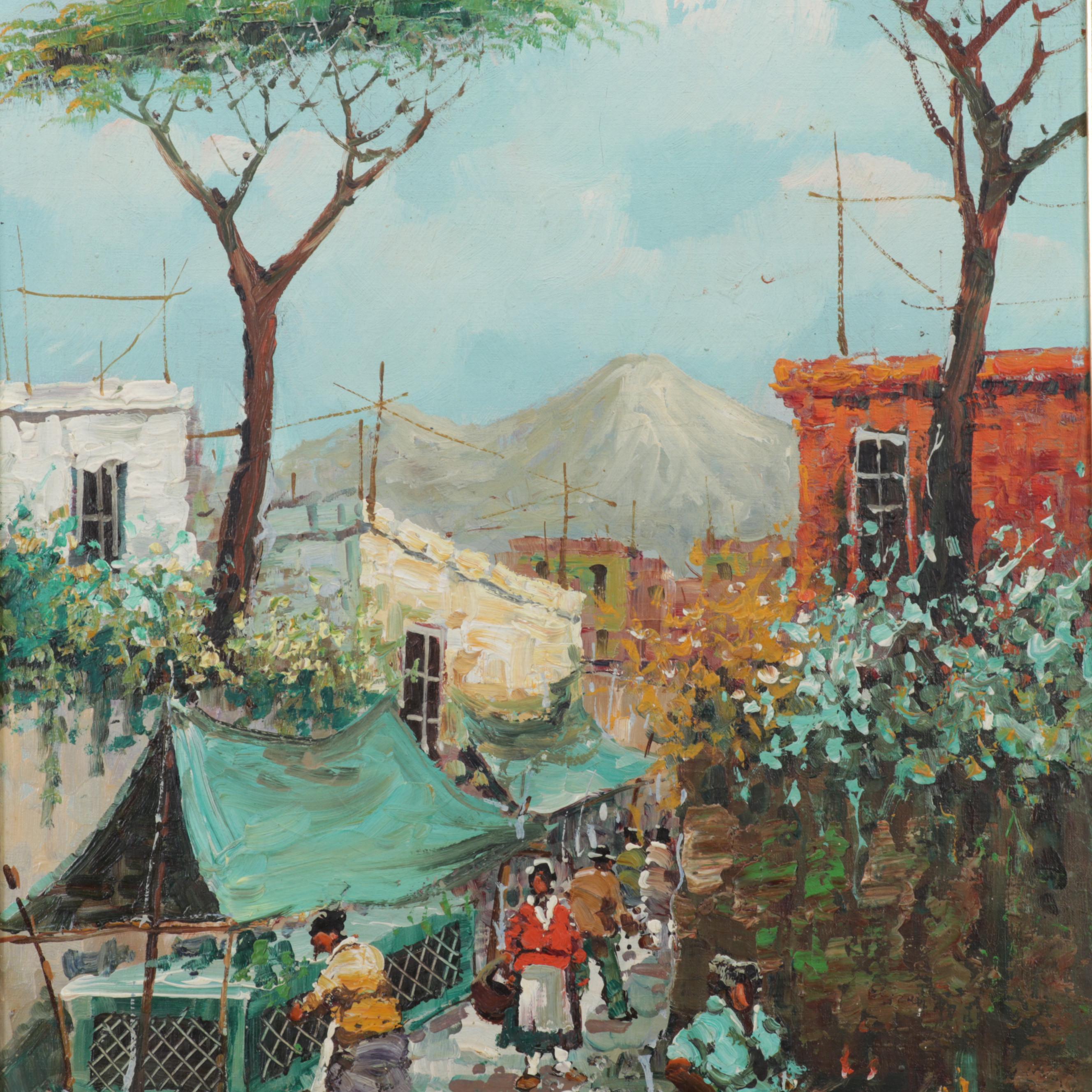 Folk Art Oil Painting of Latin American Street Market, Late 20th Century