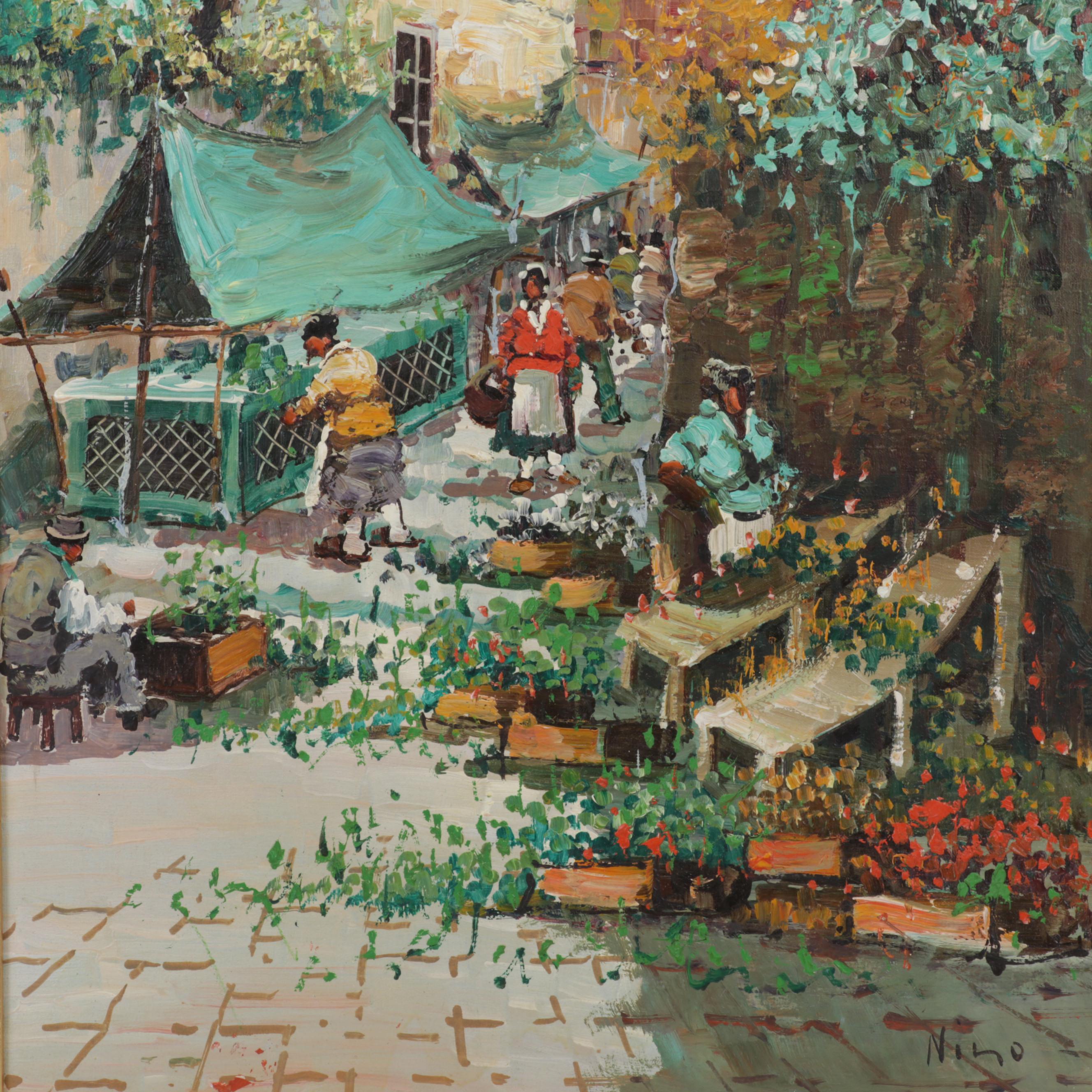 Folk Art Oil Painting of Latin American Street Market, Late 20th Century