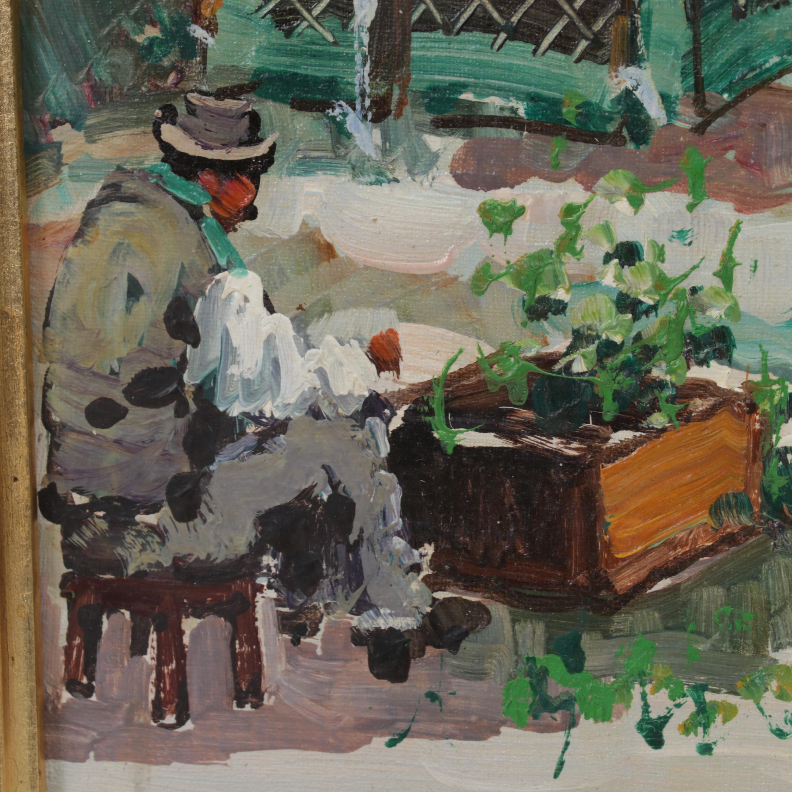 Folk Art Oil Painting of Latin American Street Market, Late 20th Century