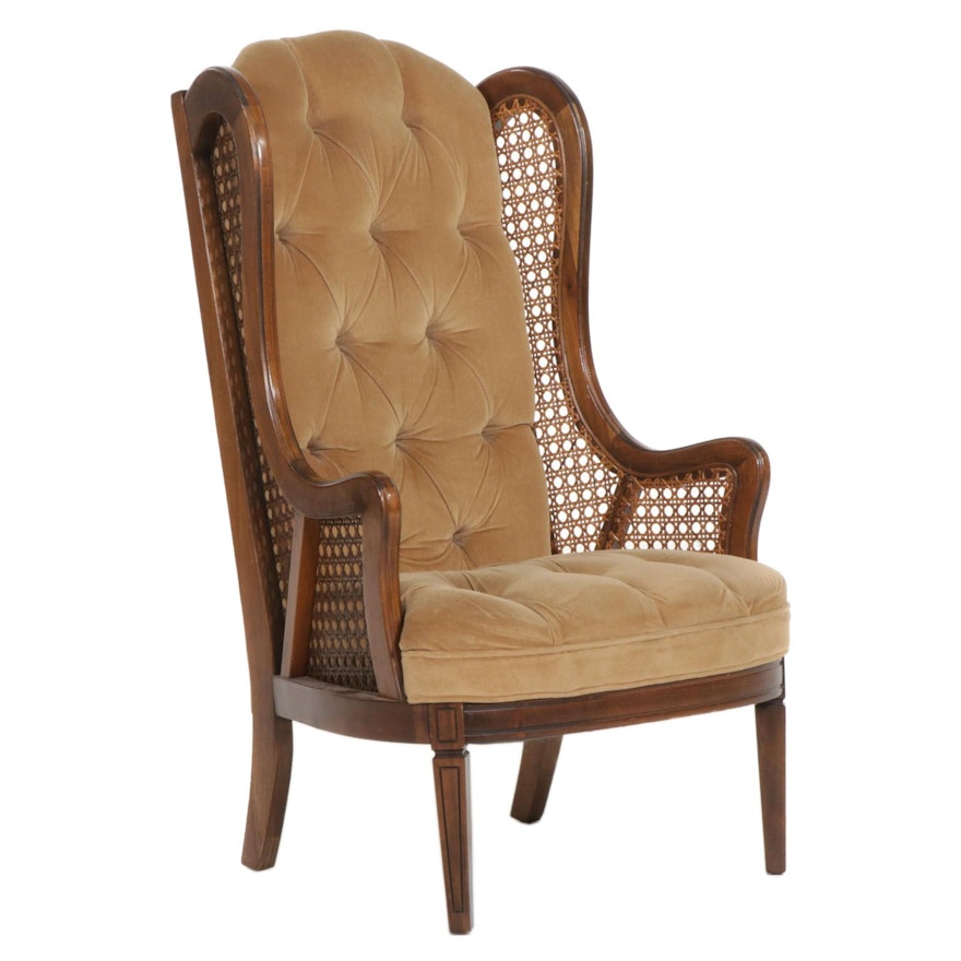 Wood and Cane Button-Tufted Wingback Armchair, circa 1970