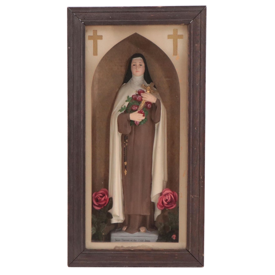 Saint Therese of the Child Jesus Figurine in Illuminated Case, Mid-20th Century