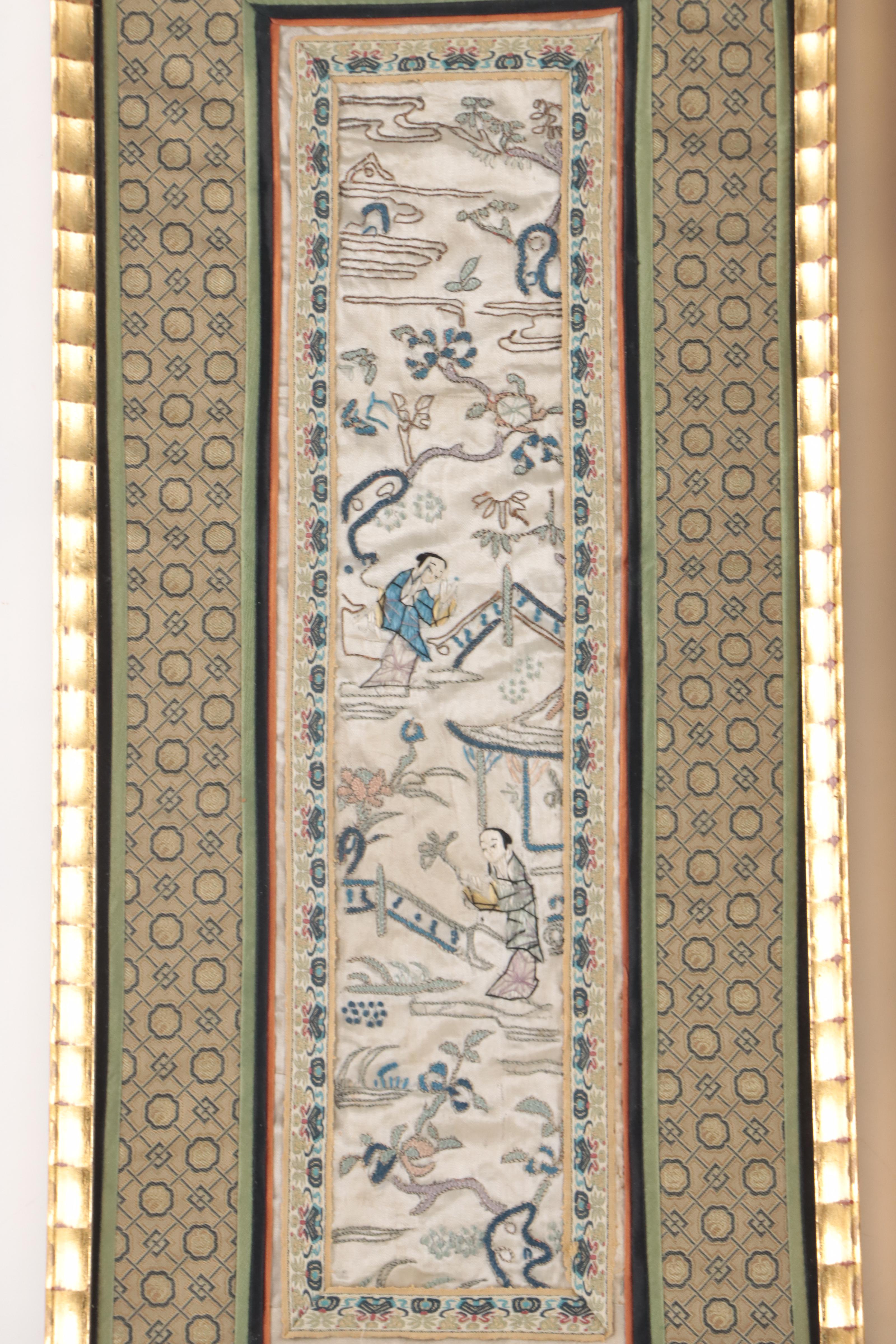 East Asian Silk Embroidery Wall Hangings of Figures in Landscapes