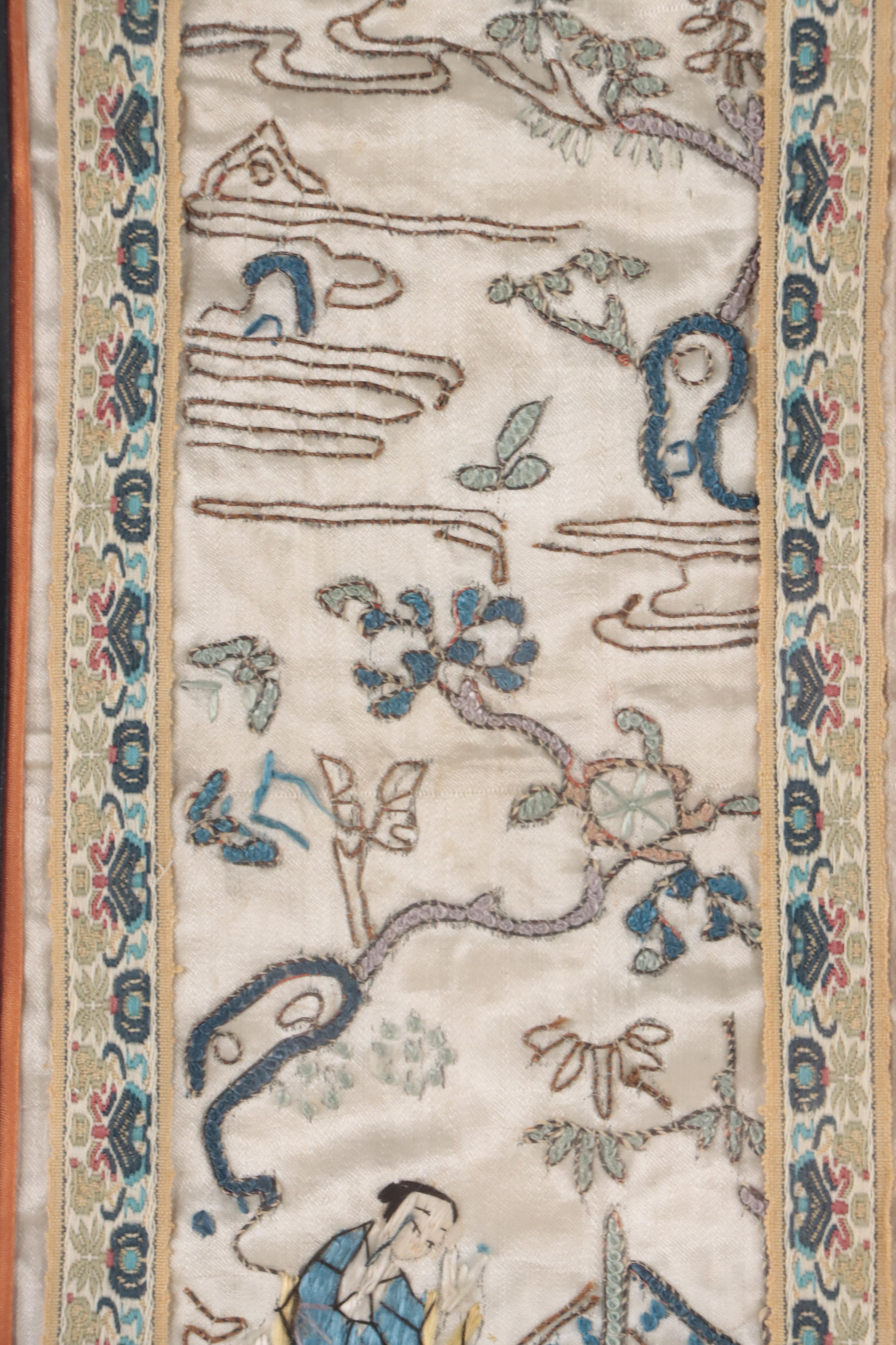 East Asian Silk Embroidery Wall Hangings of Figures in Landscapes