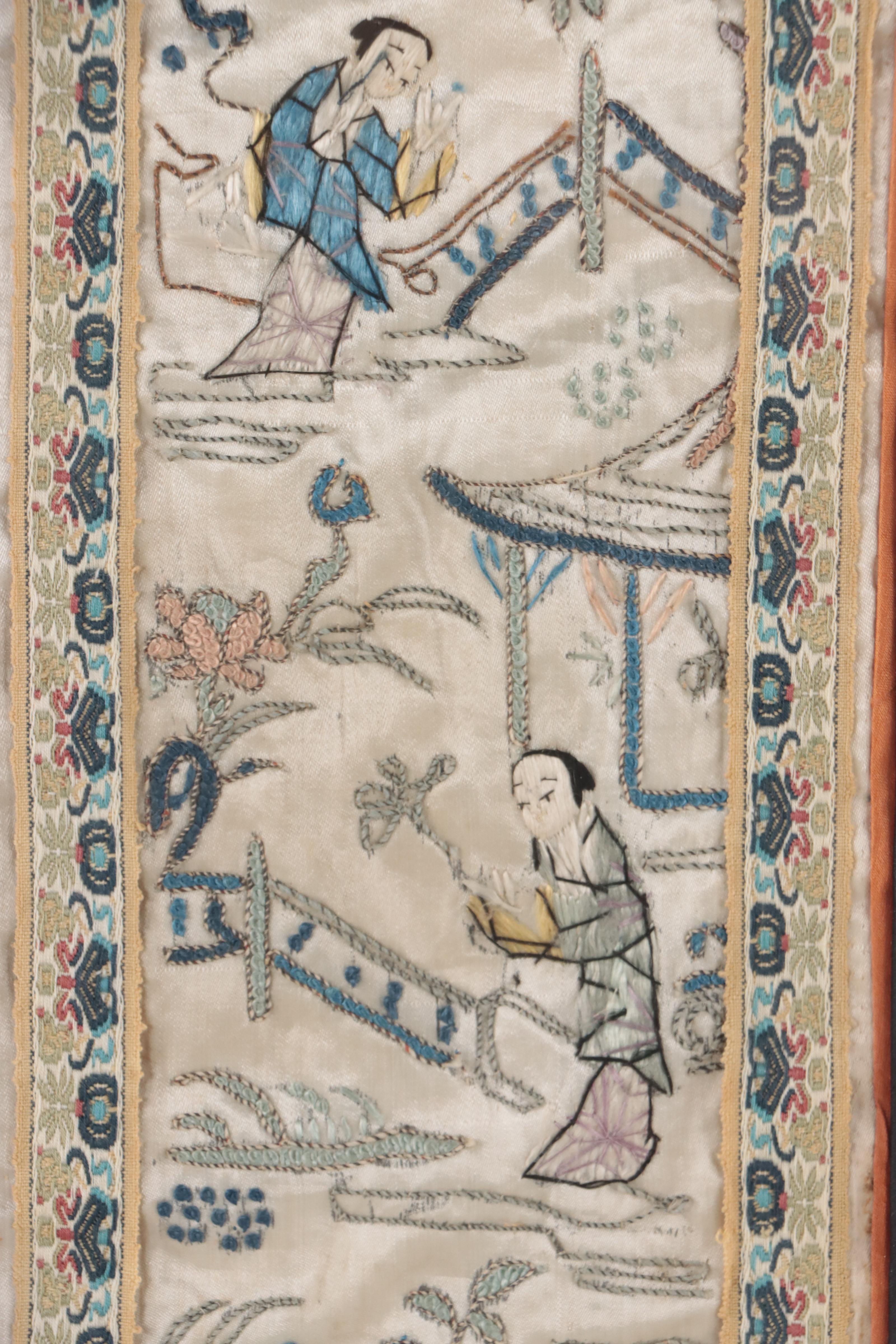 East Asian Silk Embroidery Wall Hangings of Figures in Landscapes