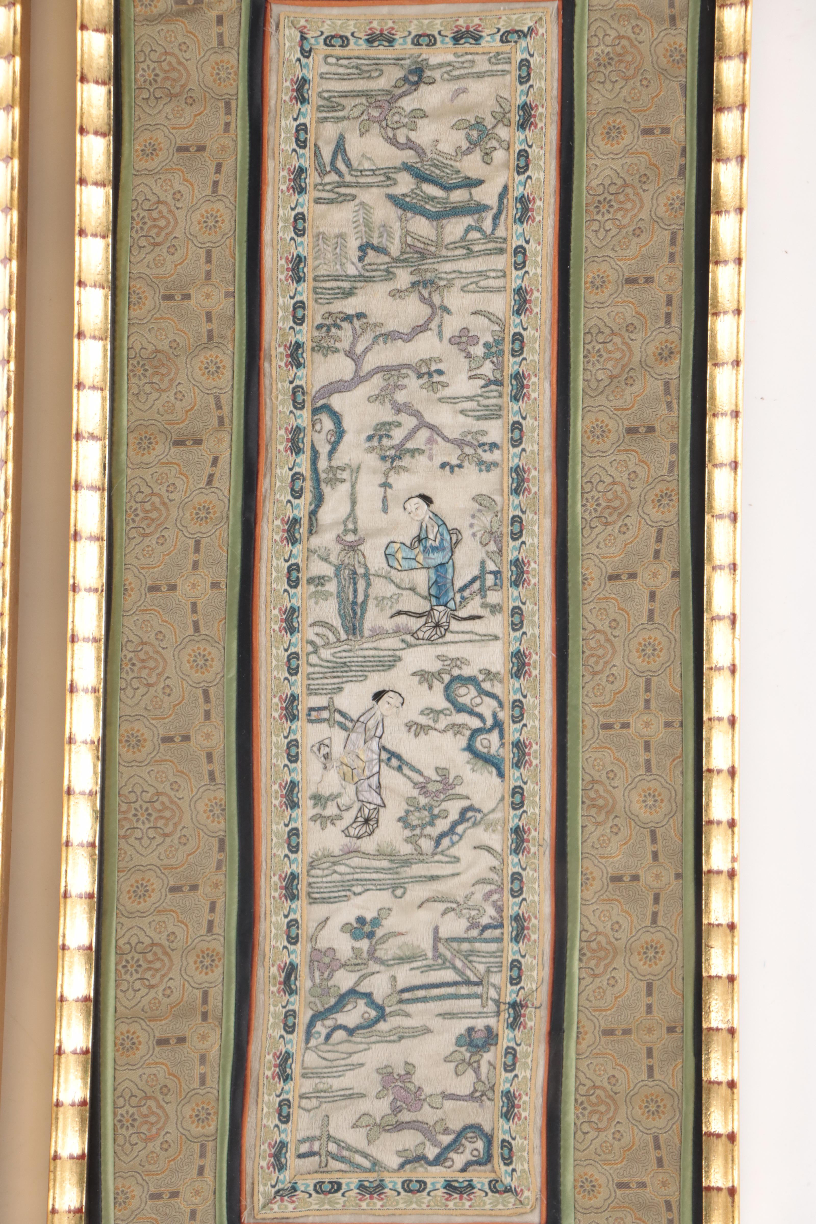 East Asian Silk Embroidery Wall Hangings of Figures in Landscapes